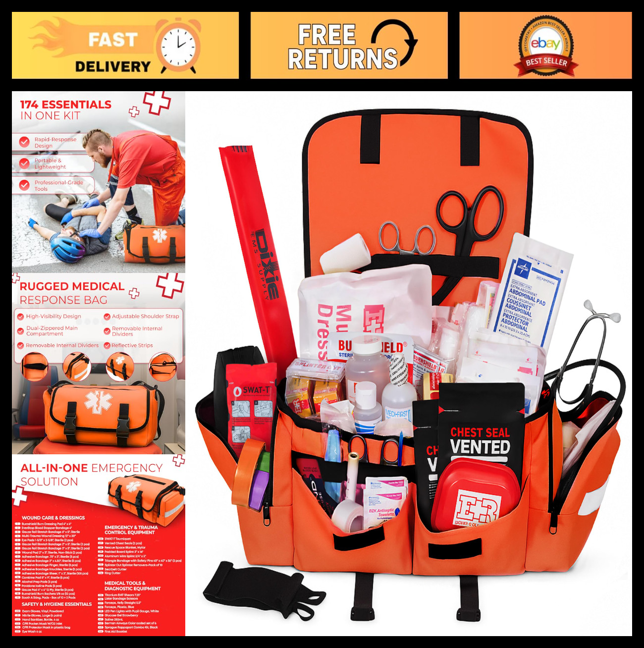 Tactical EMT Trauma Bag – Complete First Responder Medical Kit with Tourniquet,
