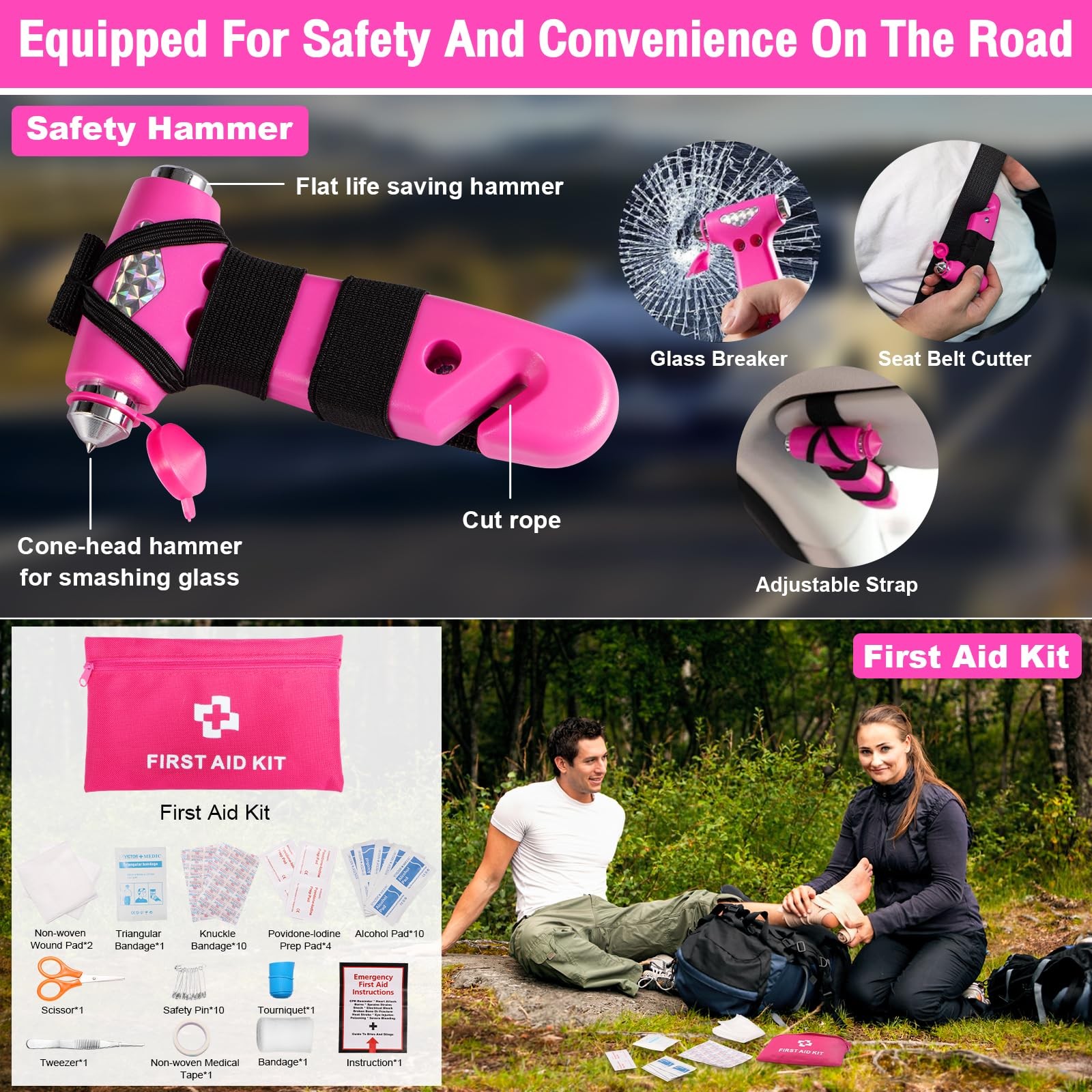 vioview Roadside Emergency Car kit for Vehicles, with 4 in 1 Inflatable Pink