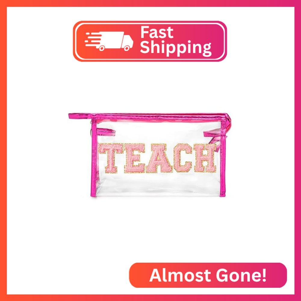 CY2SIDE TEACH Clear Makeup Bag – Pink TEACH Letter Patch Cosmetic Bag with Handl