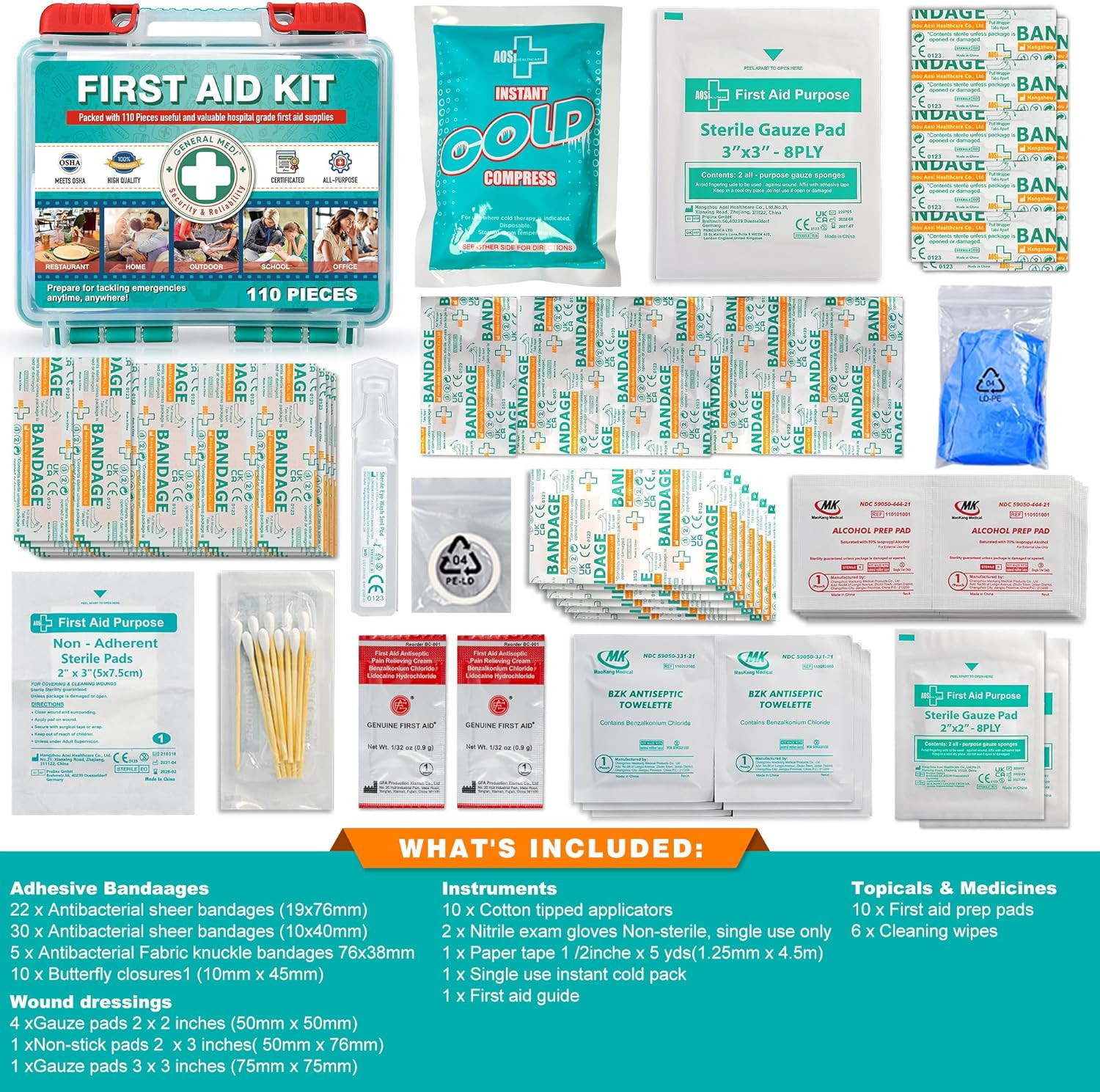 Kit Primeros Auxilios 110 Piezas Caja Dura Suministros Medicos Viaje Oficina Cam