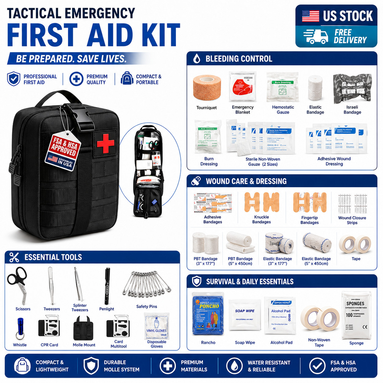 Portable Trauma First Aid Kit with Tourniquet for Hiking, Car & Home