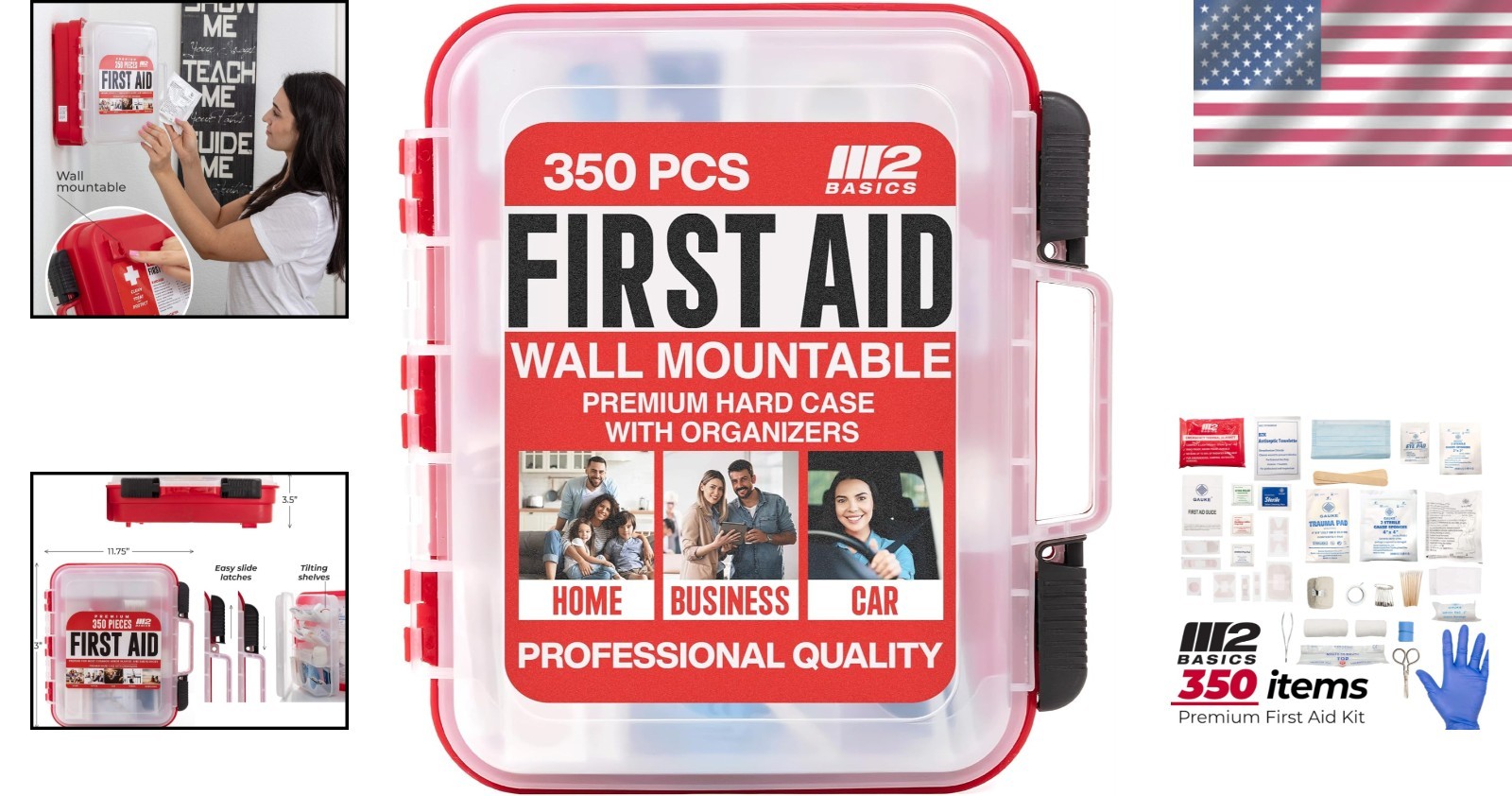 Professional First Aid Kit, 350 Essential Pieces for Home & Office Safety