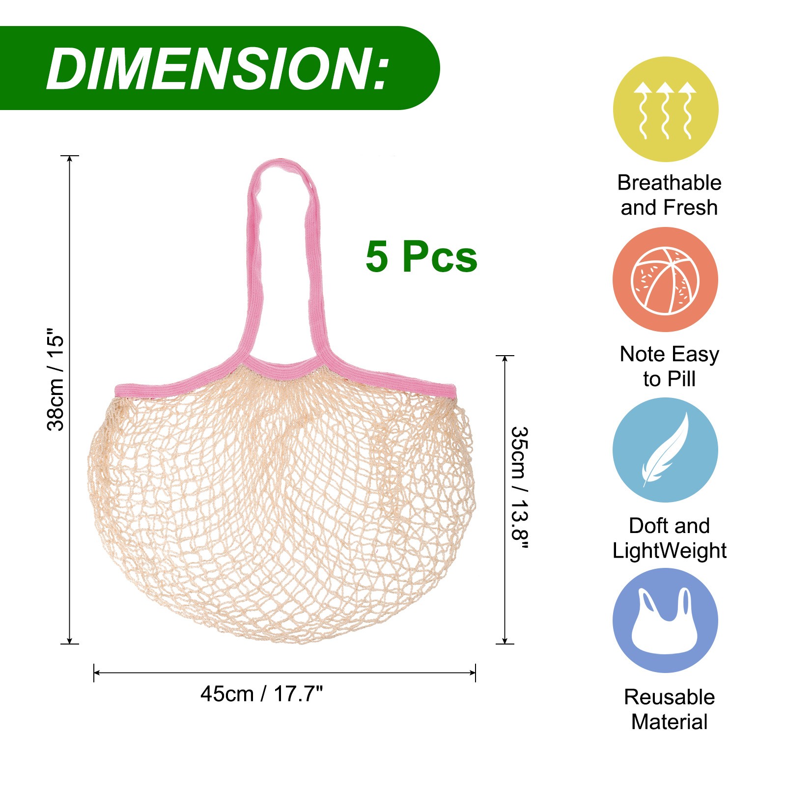 Reusable Mesh Produce Storage Bags Washable Portable Bag (Set of 5Pcs,Pink)