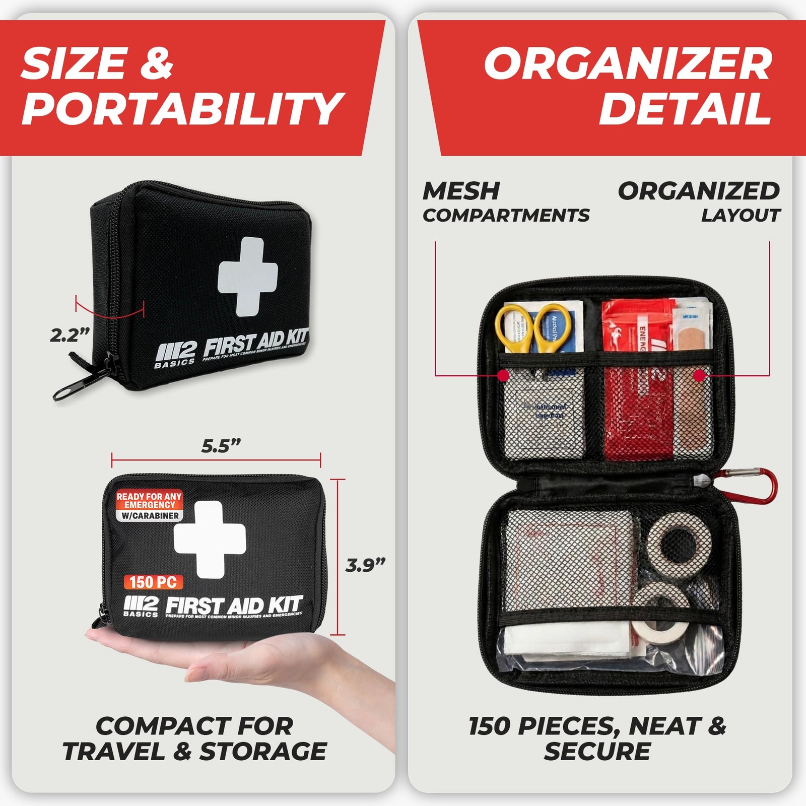 150 Piece Premium First Aid Kit, Compact Bag for Purse & Travel