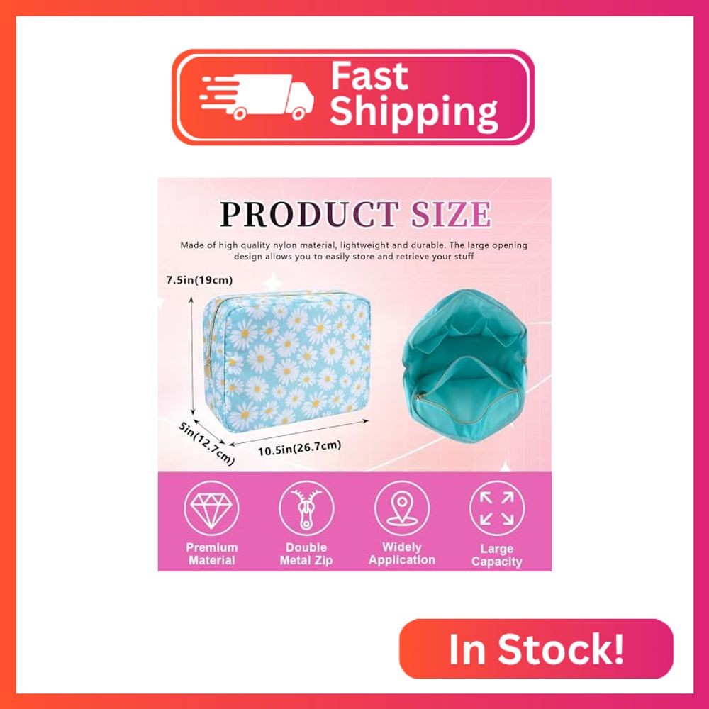 Waterproof Nylon Large Makeup Bag Travel Pouch, Floral Preppy Big Cosmetic Bag M