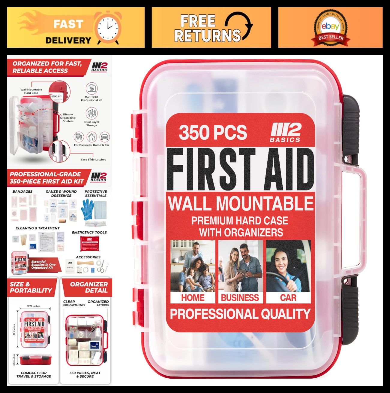 350-Piece First Aid Kit – Wall Mount Hard Case, Dual Layer for Office, Home, Car