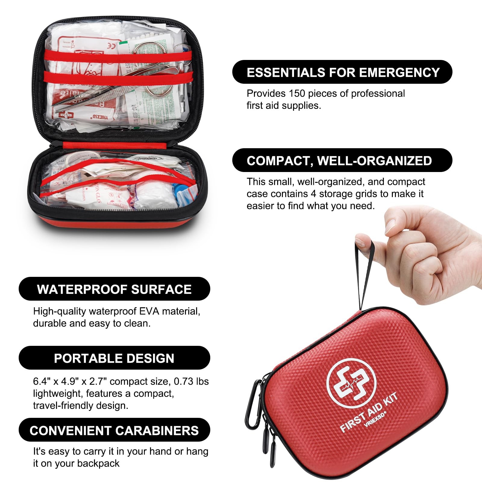 Mini First Aid Kit 150 Piece Small Waterproof Hard Shell Medical Red