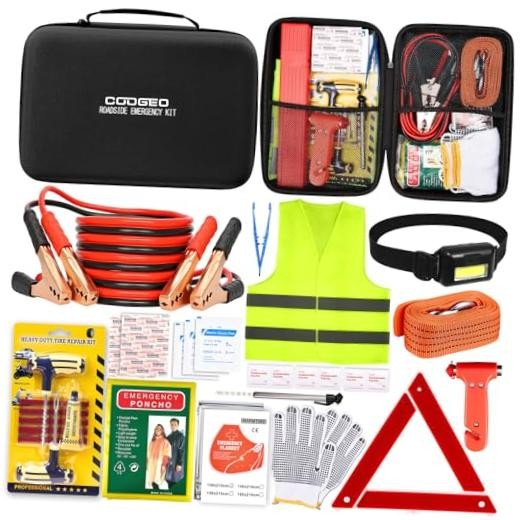 15PC Car Emergency Kit with Jumper Cables, Roadside Assistance 15 Pcs Black
