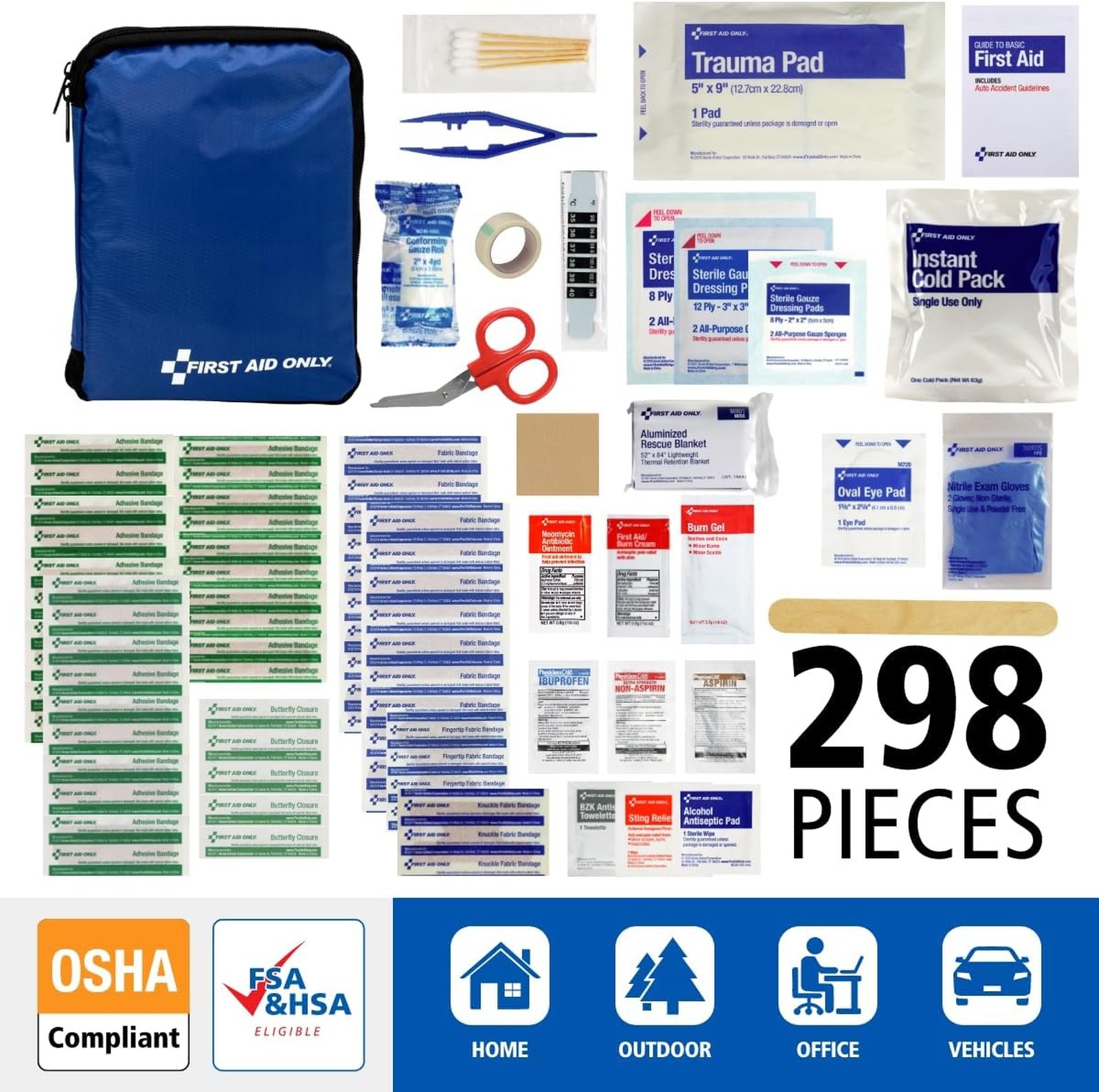 All-Purpose First Aid Kit 299 Pieces Travel Camper Car Home Office Compact