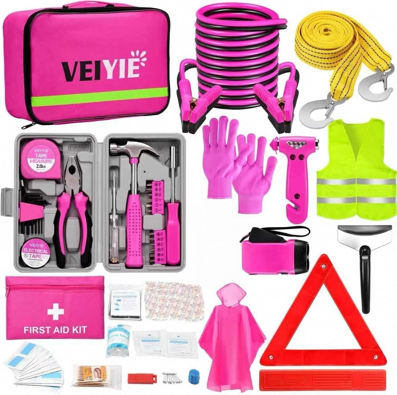VEIYIE Roadside Emergency Car Kit for Essential + Repair Tool Set, Pink