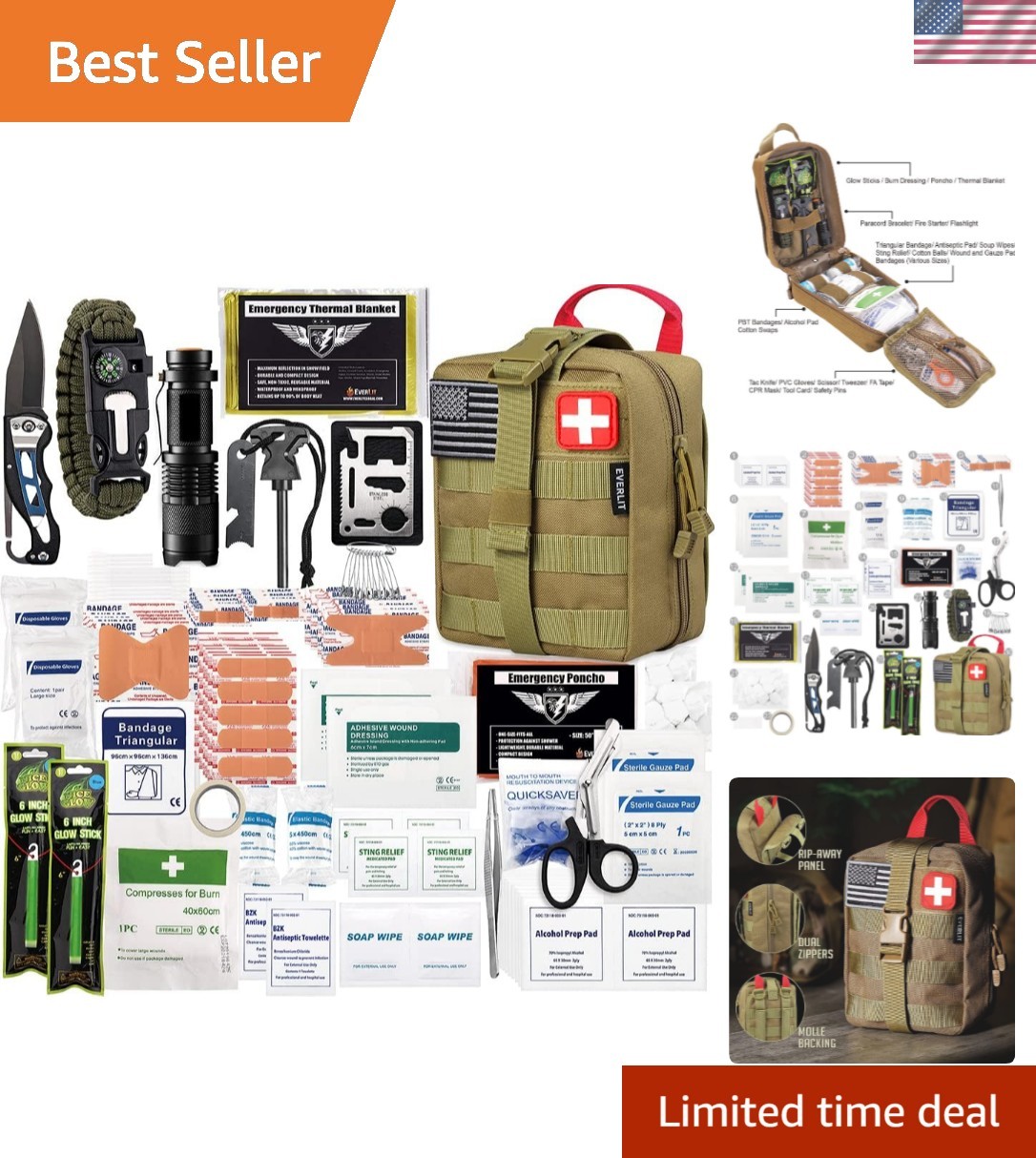 Compact Molle Pouch Survival Kit with 250 Essential First Aid Tools for All Ages