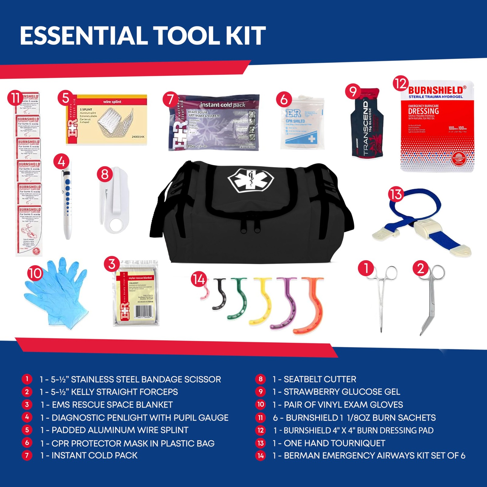 Fully Stocked Trauma First Aid Kit – First Responder II Bag with Tools, Gauze…