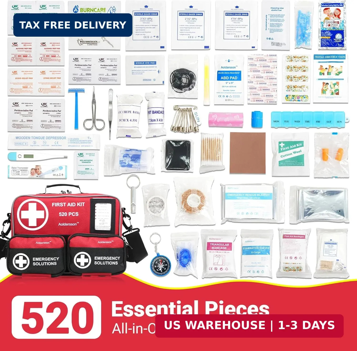 520 Piece Large First Aid Kit – Emergency Survival Kit for Car, Home, Camping, a
