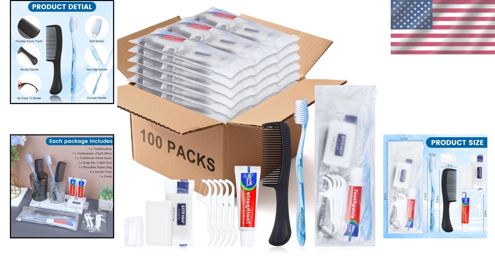100 Sets 7-IN-1 Personal Hygiene Kit for Travel, Charity & Homeless Support