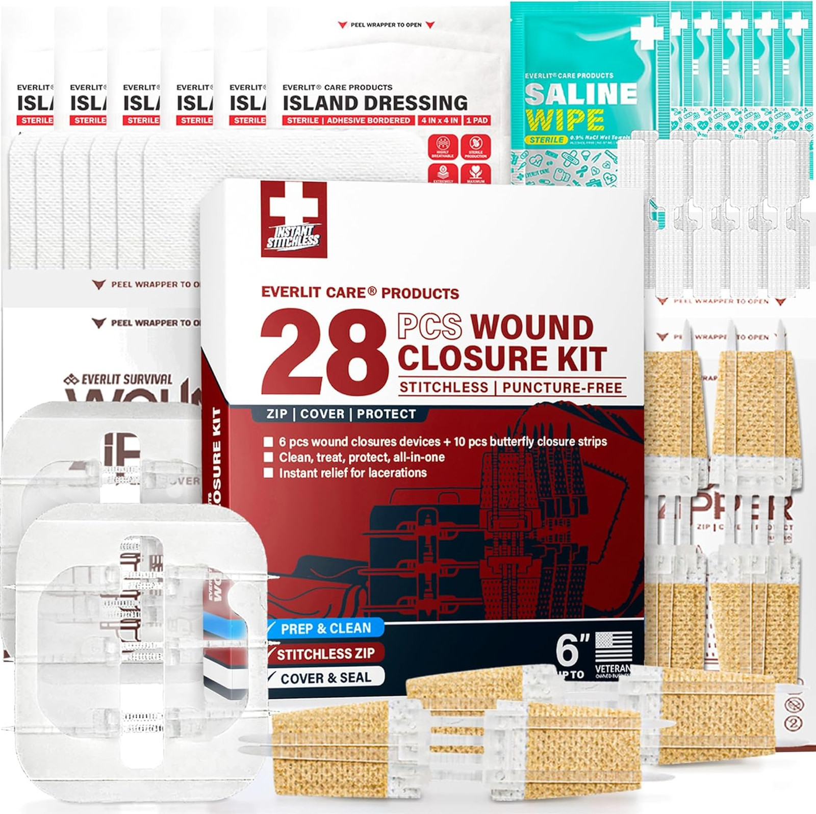 Wound Closure Kit 28 Pieces First Aid with Suture-Free Zip Devices Butterfly