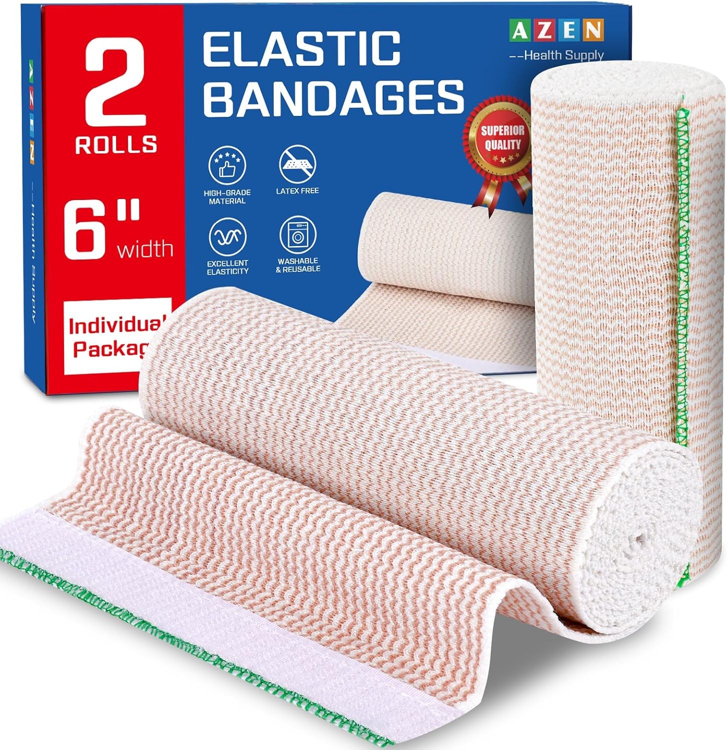 AZEN Premium 2 Pack Elastic Bandage Wrap 6 Inch, Compression A-2p
