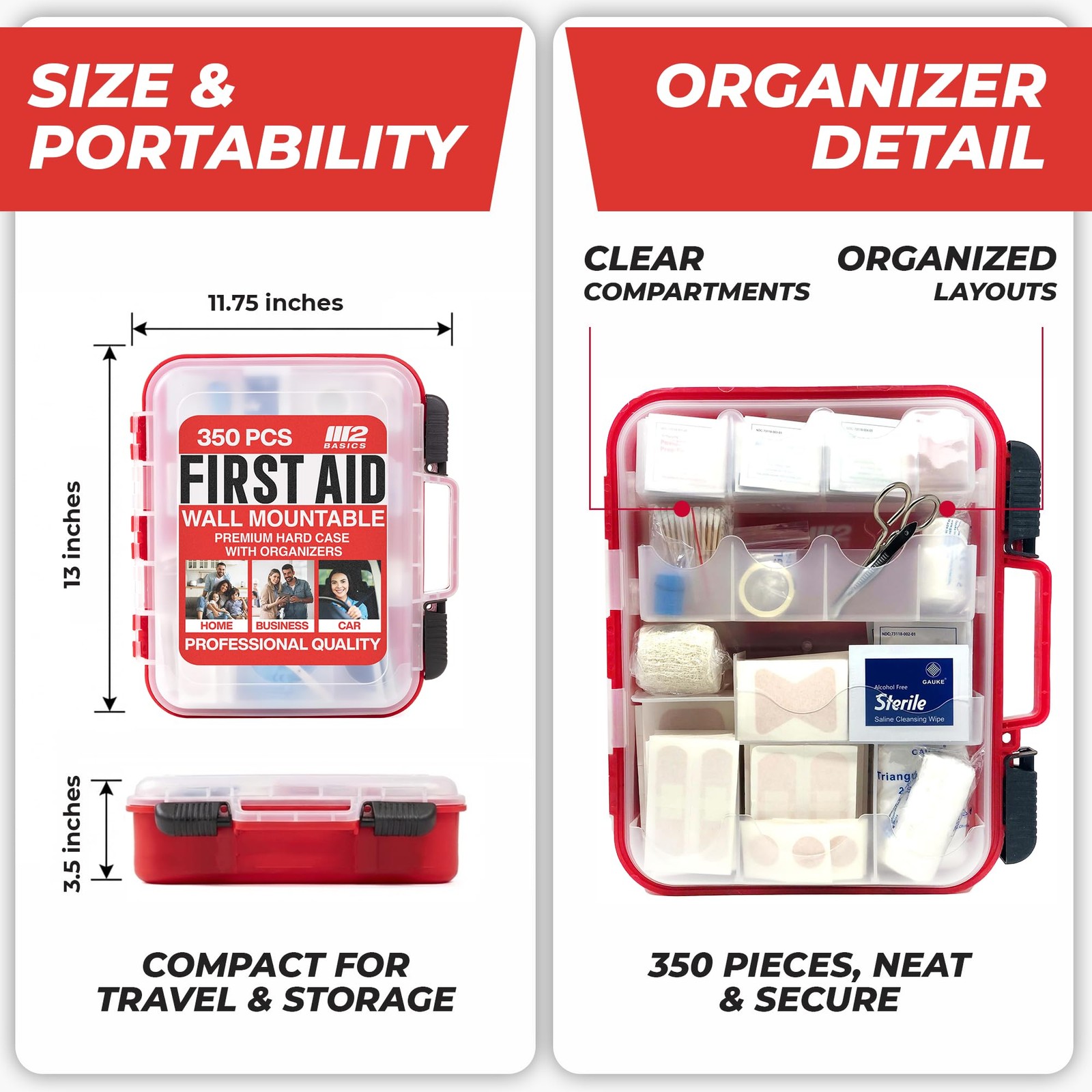 350 Piece First Aid Kit, Wall Mount Hard Case with Dual Layer Compartments fo…