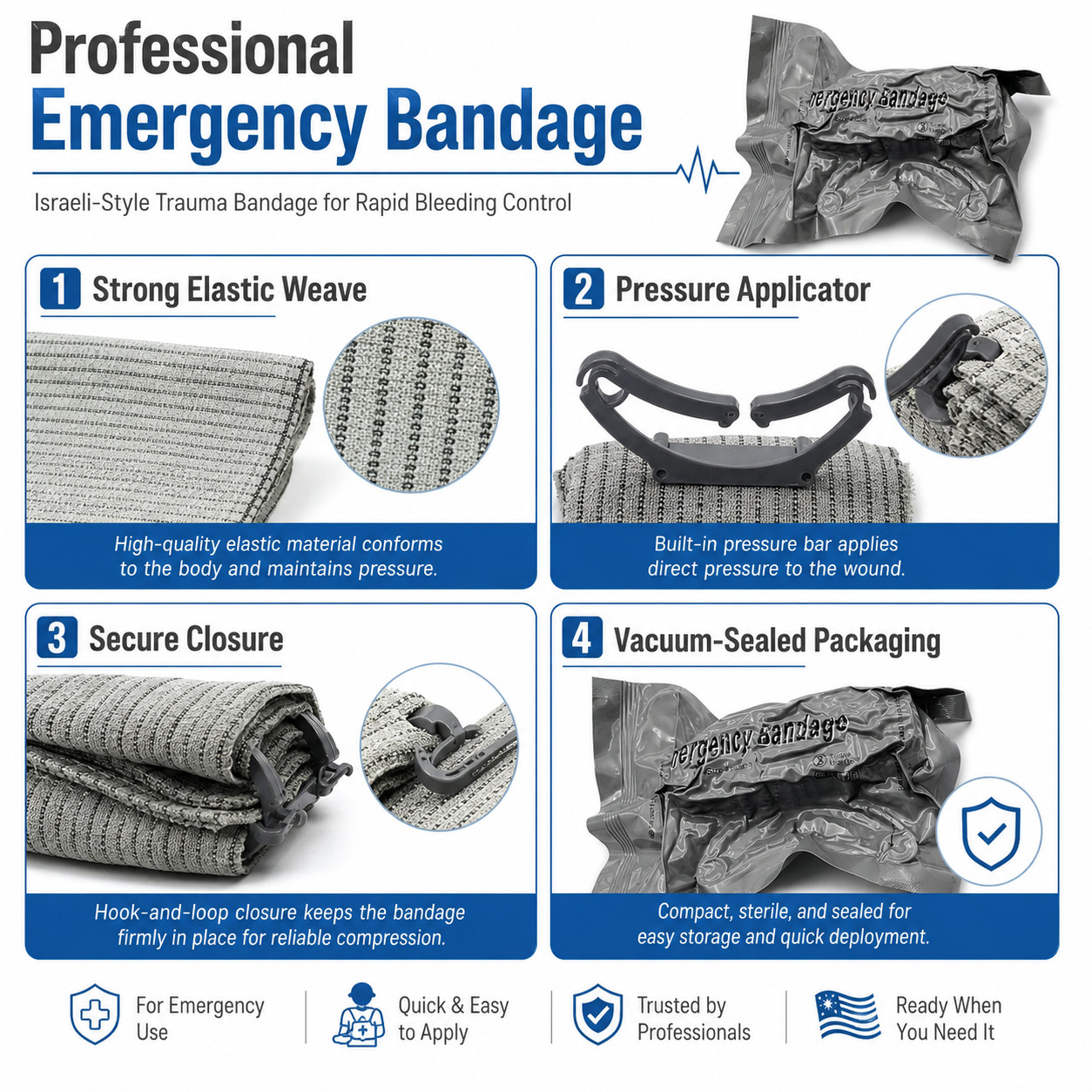 6 PACK 4" Trauma Bandage Emergency Israeli Style Battle Wound Dressing First Aid