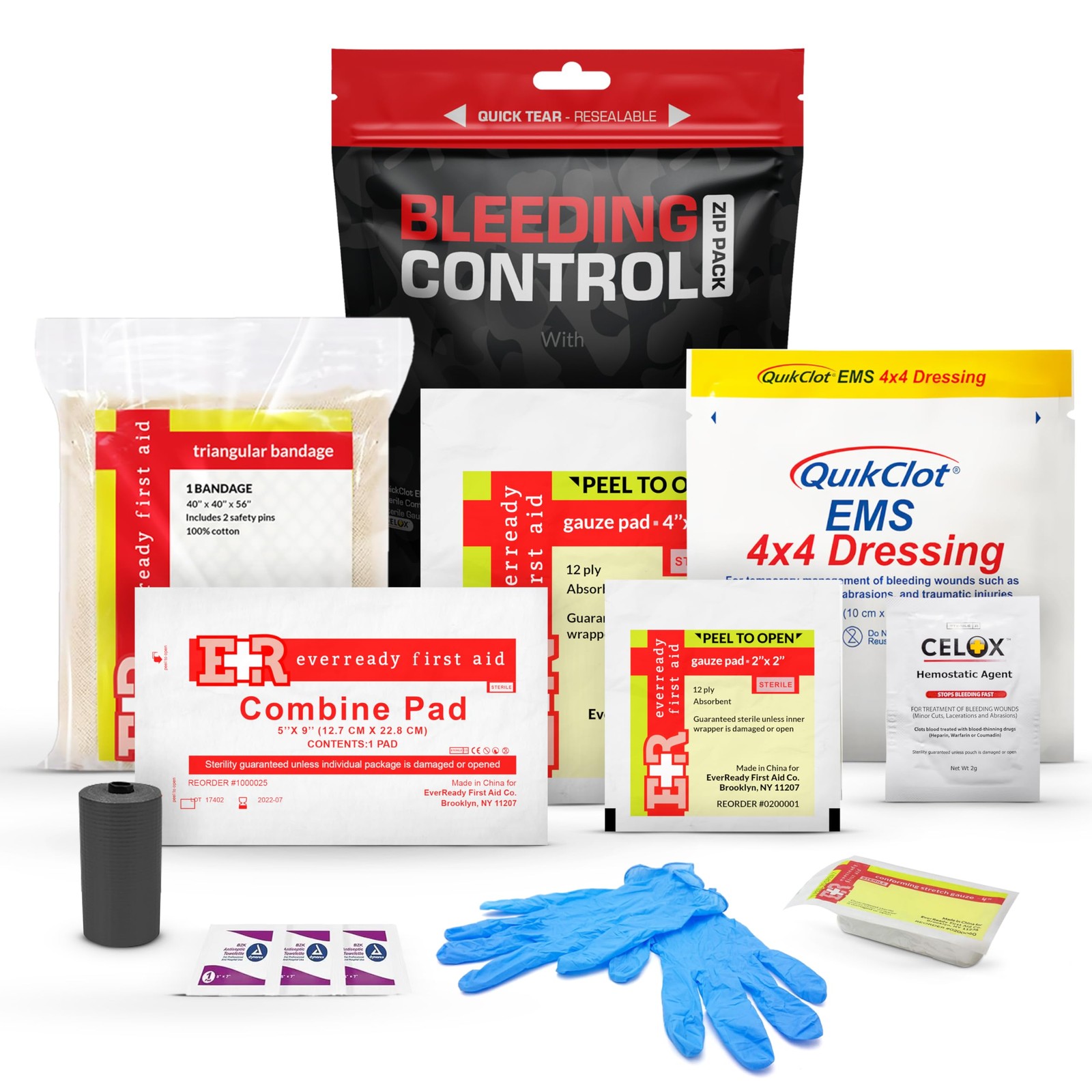 Bleeding Control Zip Pack with QuikClot, Celox, Gauze Pads, Triangular Bandag…