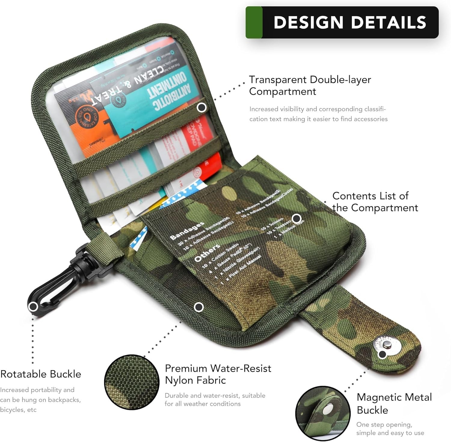 Small First Aid Kit, 100 Pieces Water-Resistant Organized Pouch (Camo Green)