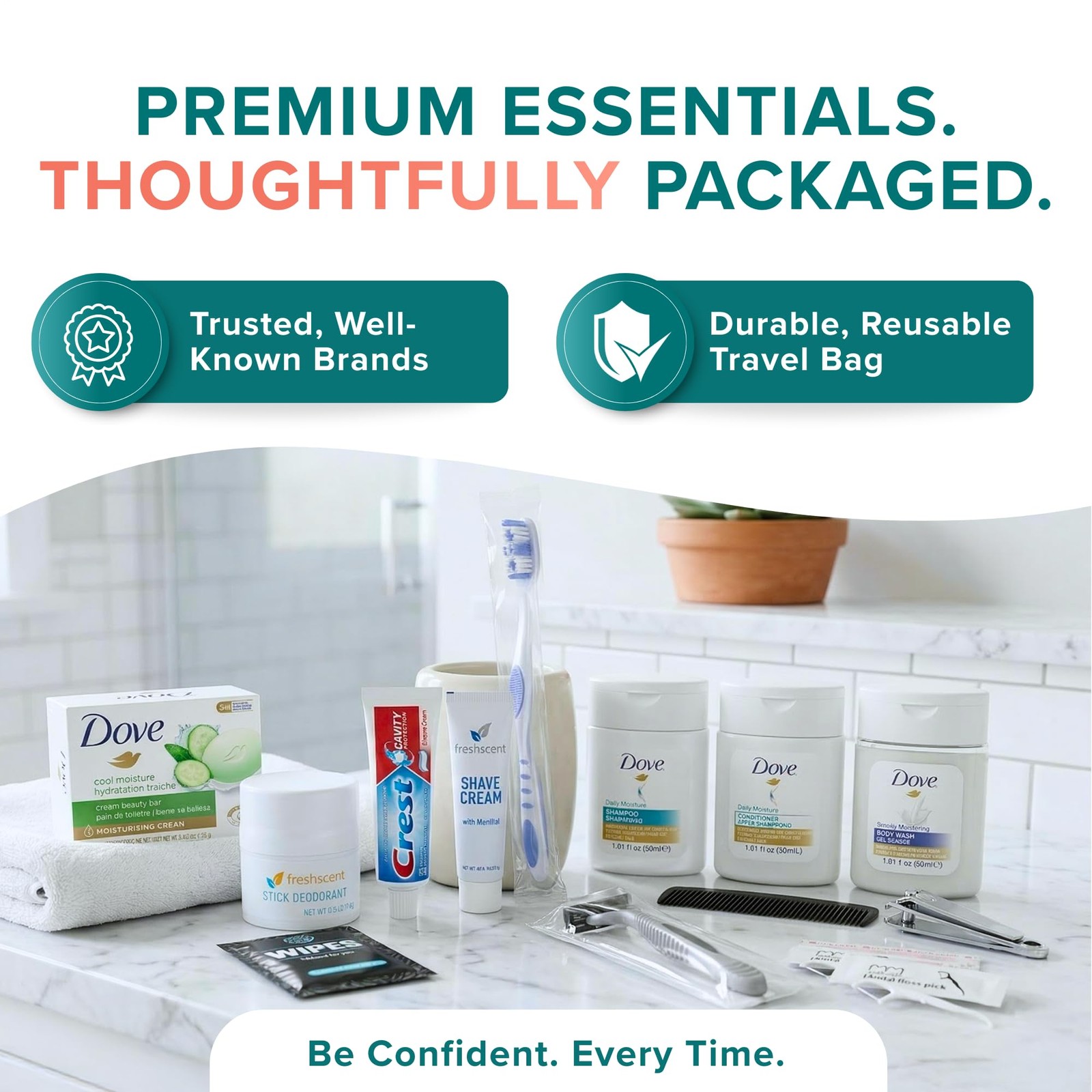 TrekTote 20 Piece Unisex Travel Hygiene Kit with Toiletries & 1 Pack, Clear