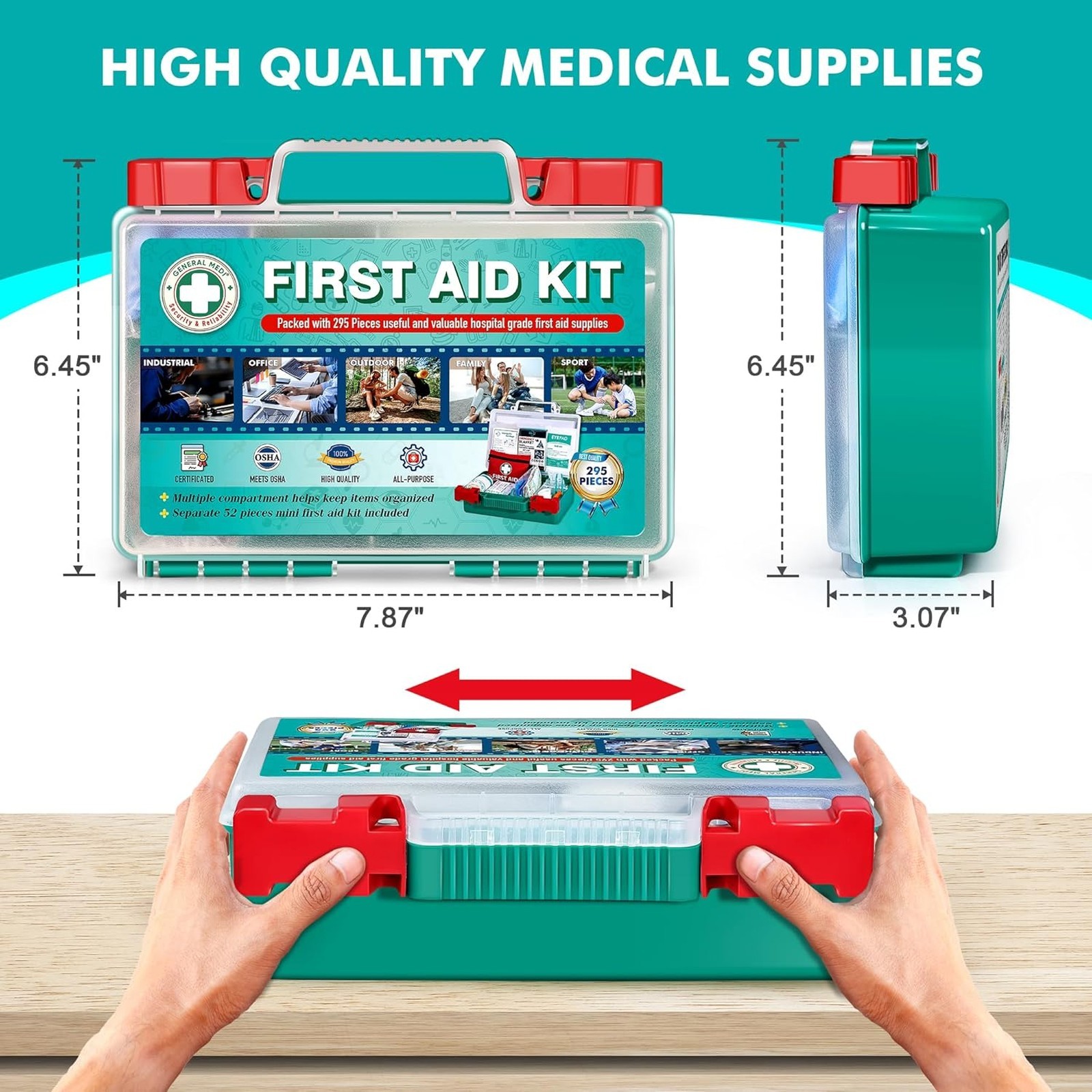 First Aid Kit 295 Pieces HardCase Medical Supplies Travel Home Office Vehicle