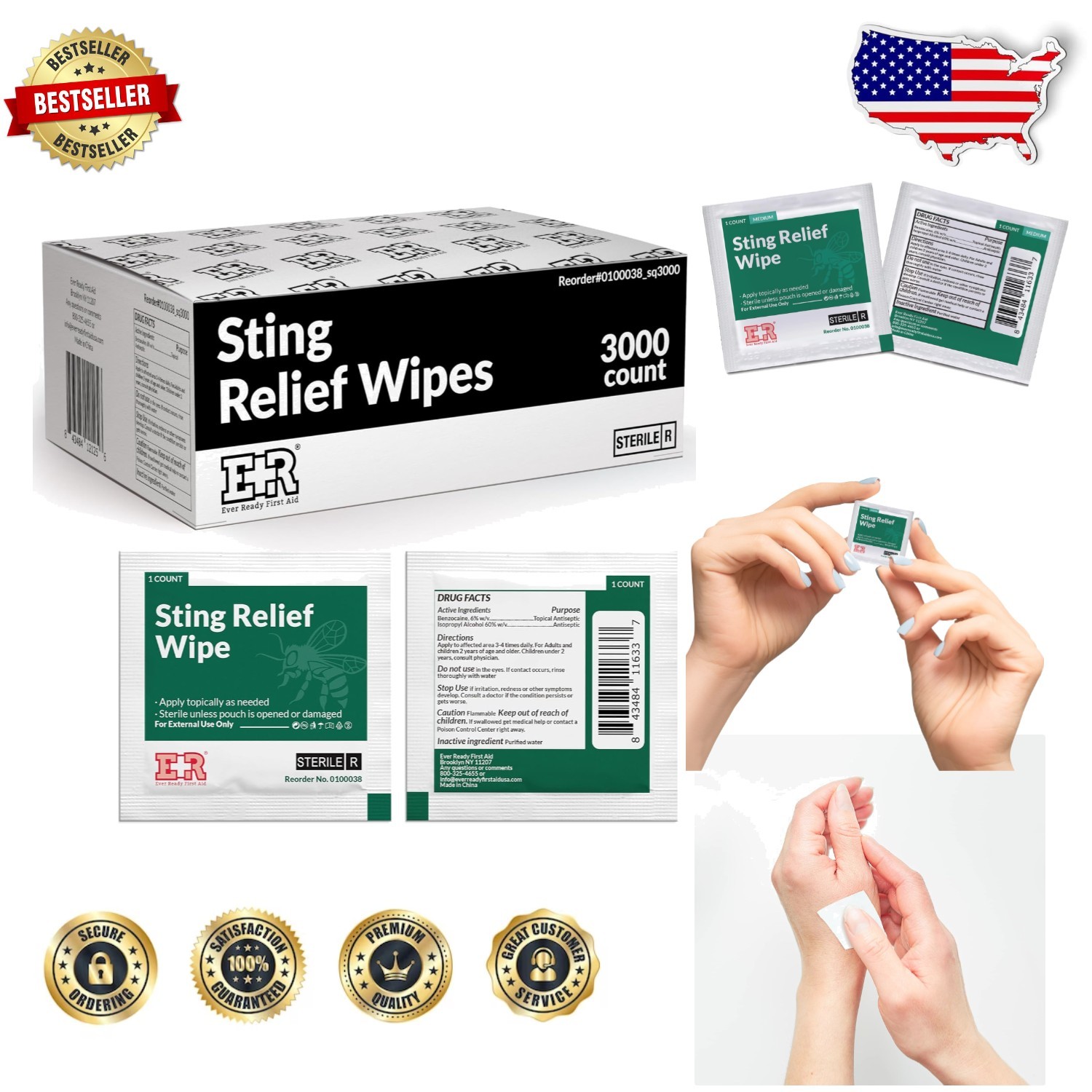 Essential 3000 Sting Relief Wipes: Portable, Fast Acting Insect Bite Pain Relief