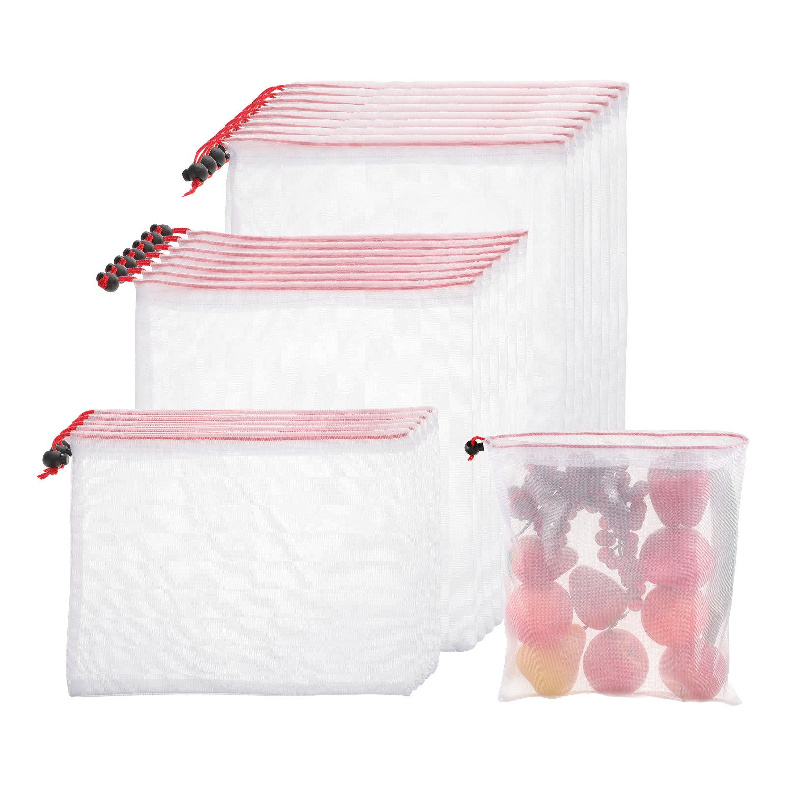 Reusable Mesh Produce Storage Bags Washable Bag (Set of 20Pcs,White and Red)