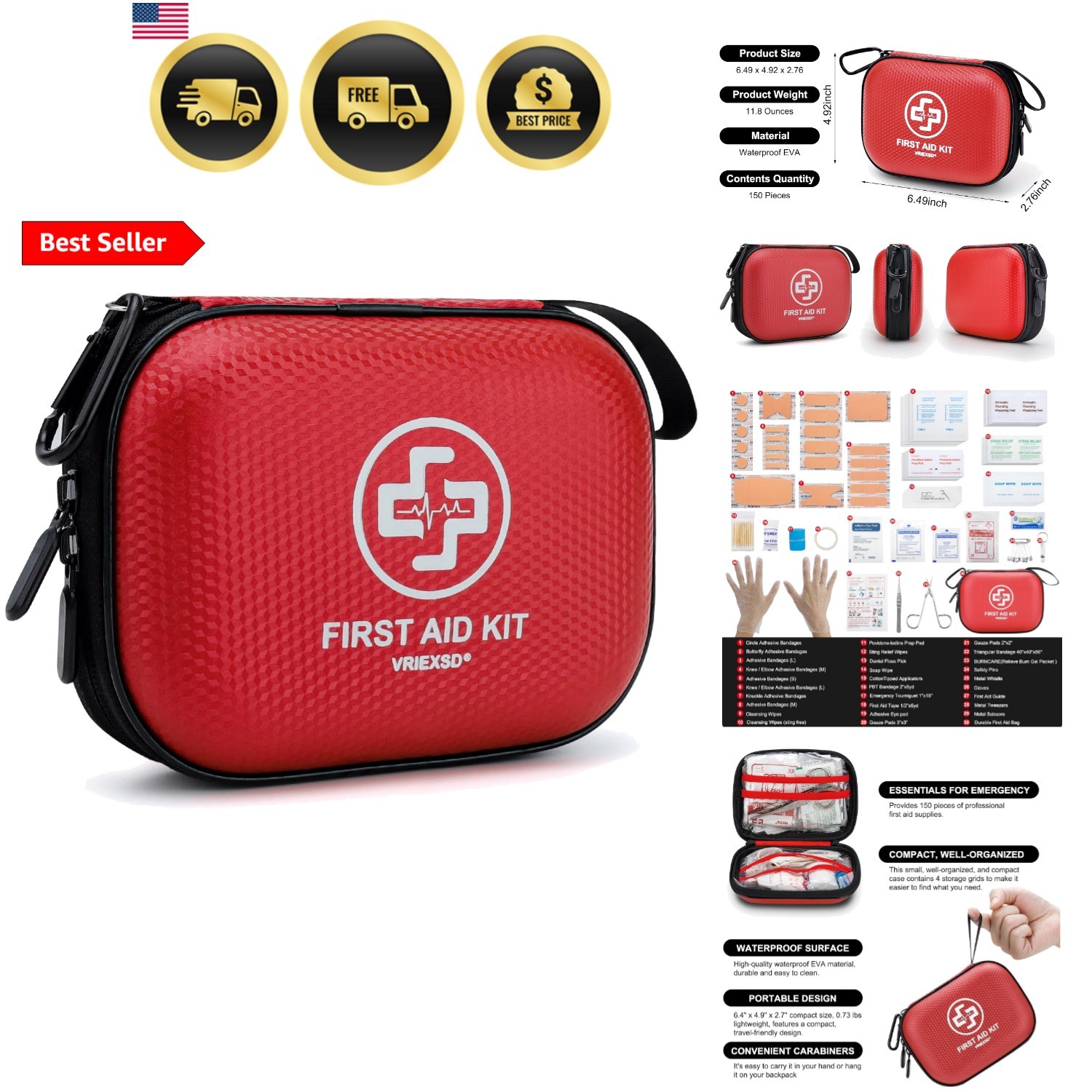 Mini First Aid Kit – 150 Piece Small Waterproof Hard Shell Medical Kit for Ho…