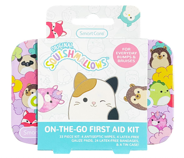 Smart Care Squishmallows Kids First Aid Kit 33PC Travel Bandages Tin Case Wipes
