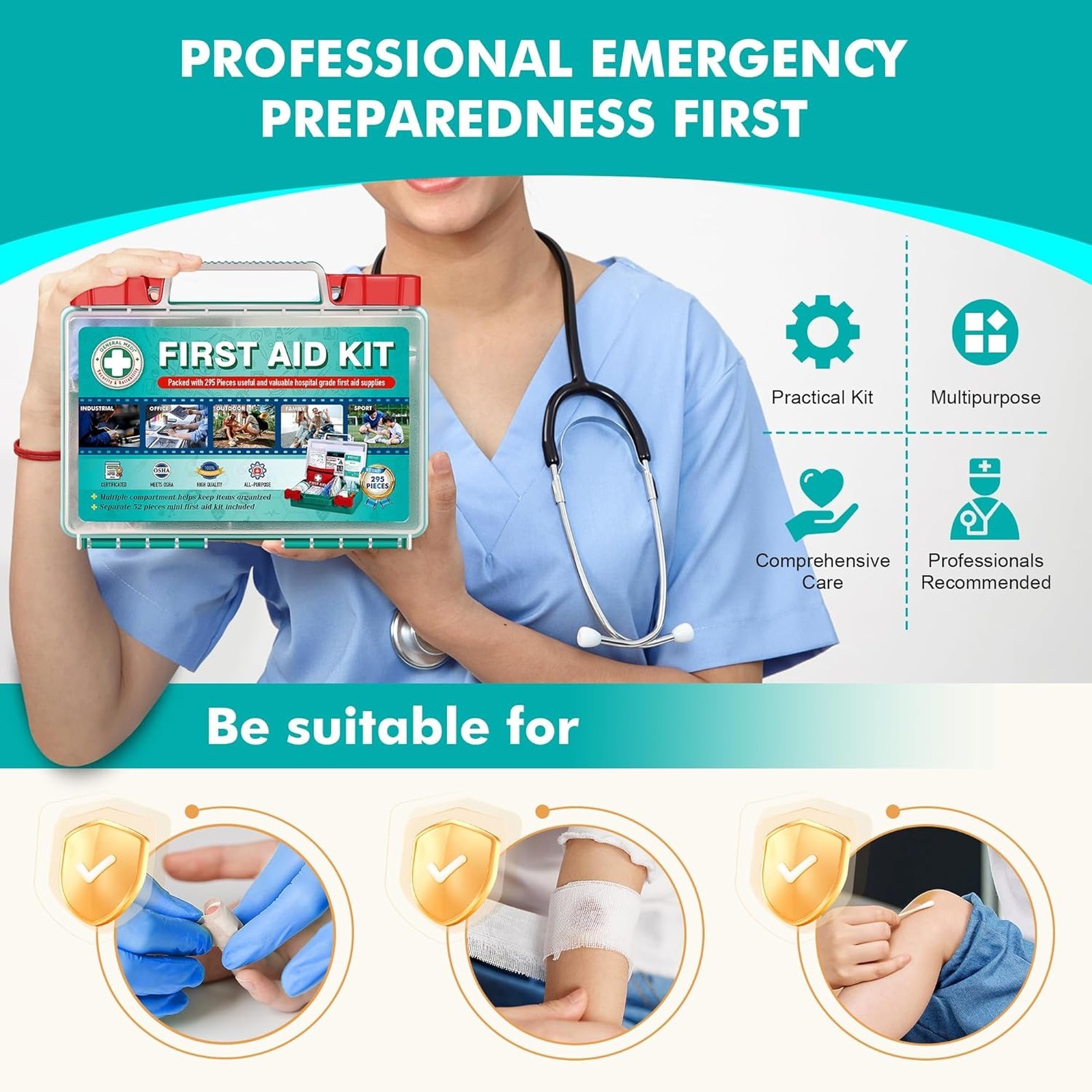 First Aid Kit 295 Pieces HardCase Medical Supplies Travel Home Office Vehicle