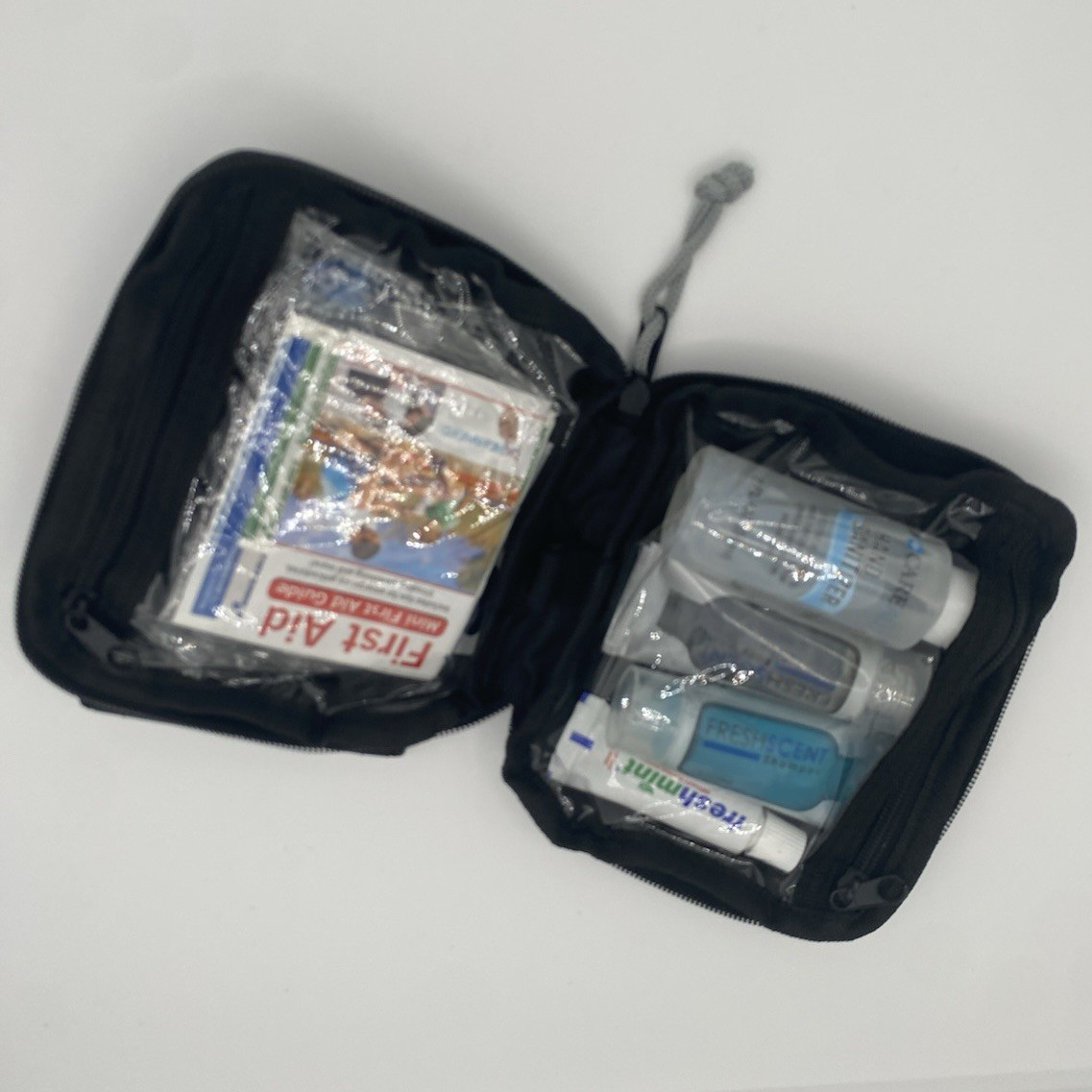 Portable Travel First Aid Kit Black Zipper Case w/ Guide, Sanitizer & Wipes
