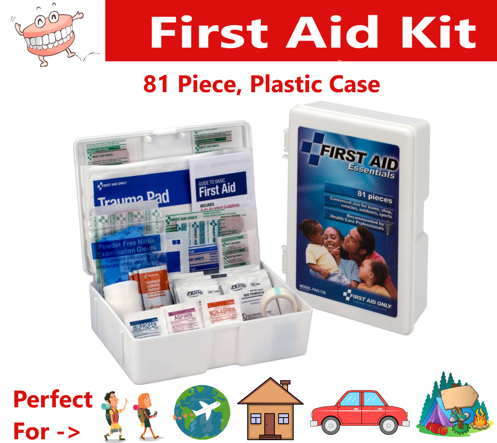 81 pc First Aid Kit For Emergency At Home Car Outdoor Travel, Portable Hard Case
