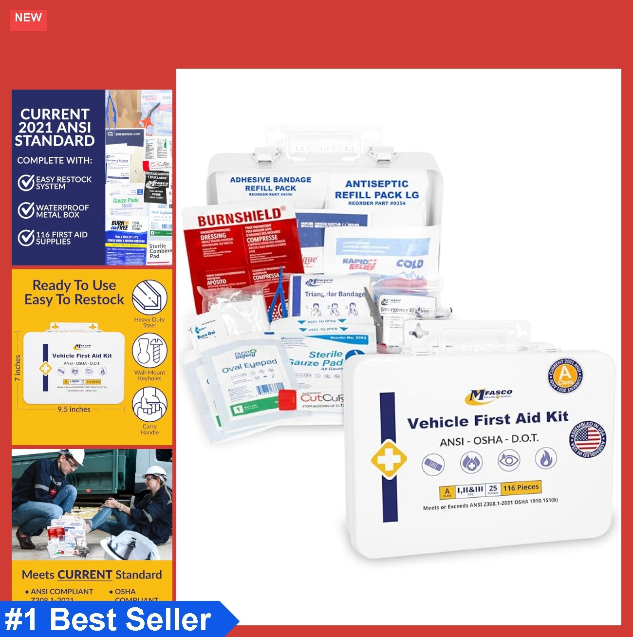 Metal First Aid Kit 115 Pieces DOT Compliant Portable Mountable Waterproof
