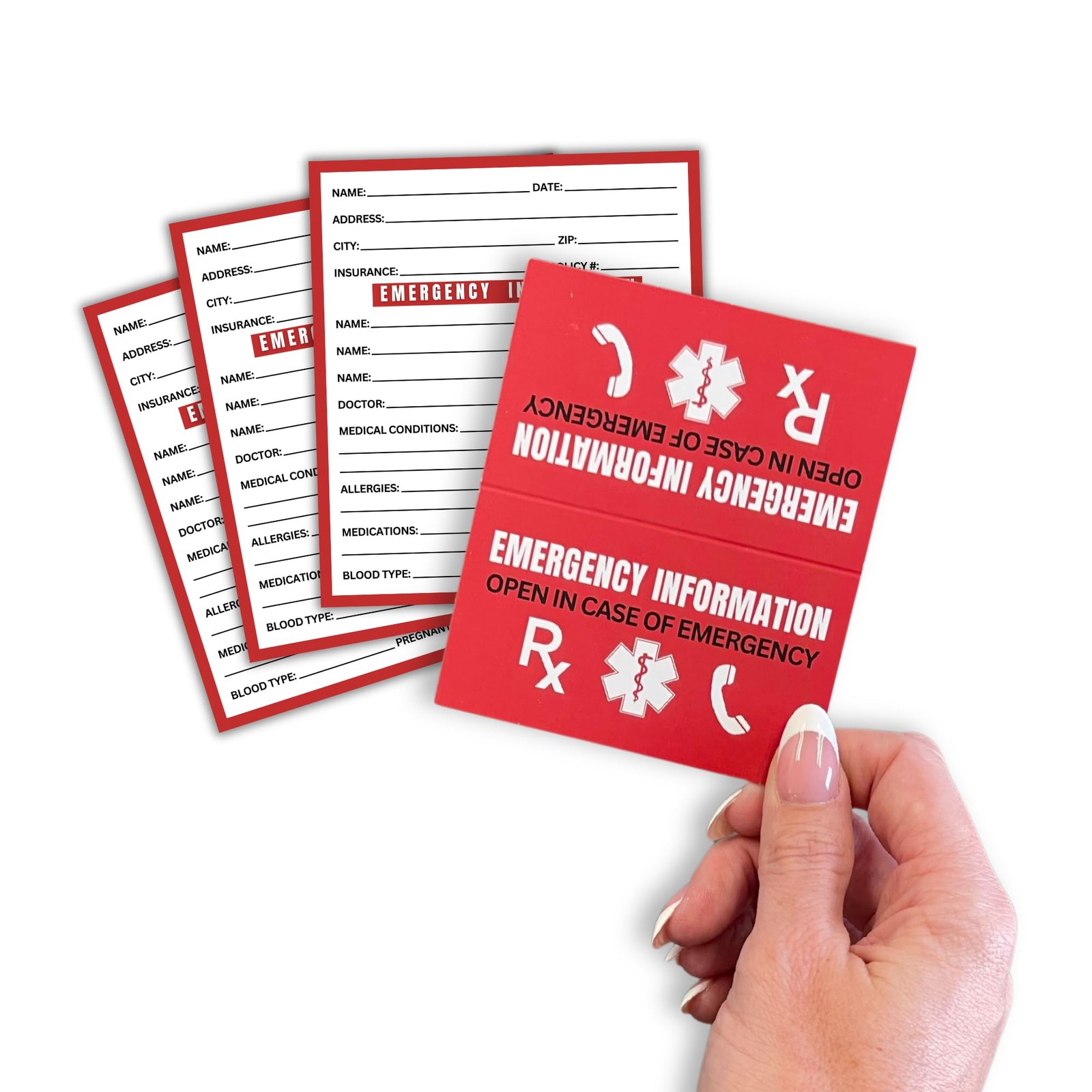 Emergency Info ICE Folded Wallet Card | 10 pk 2×3.5” 2 x 3.5 inches, Red
