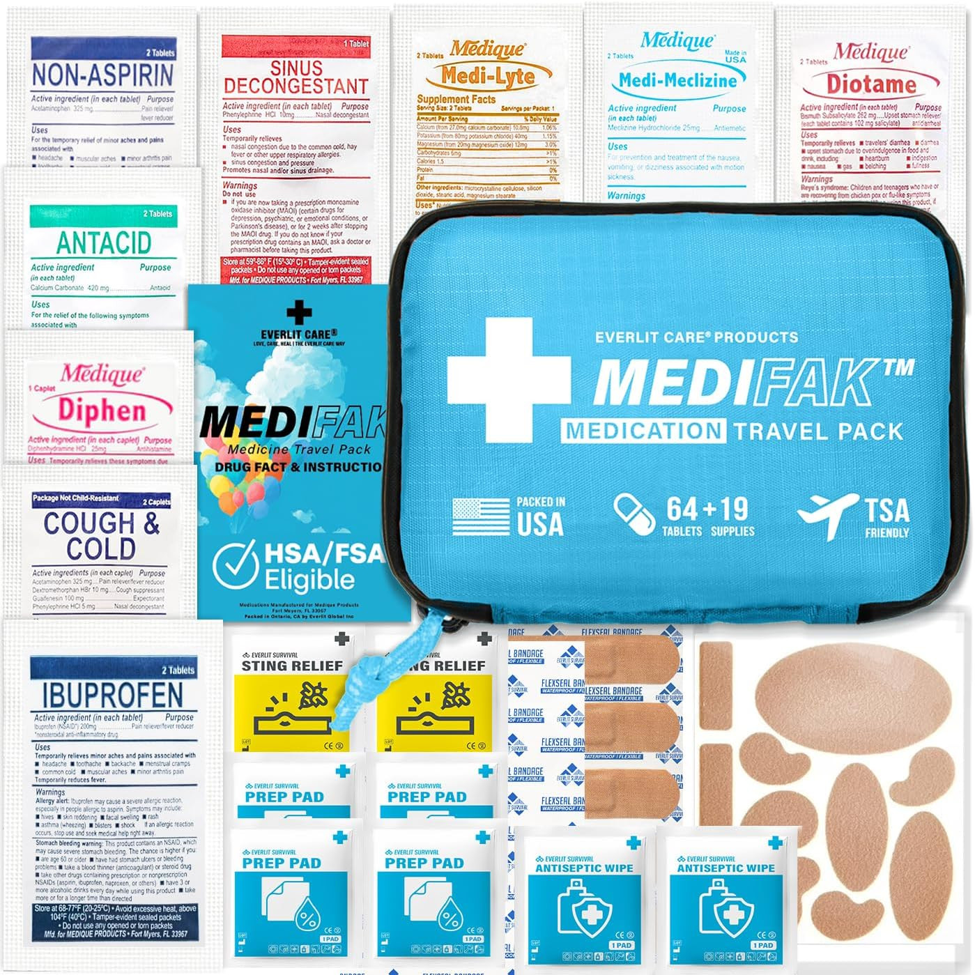 Travel Essential Medicine First Aid Kit I Bonus Medical Supplies I TSA Compliant