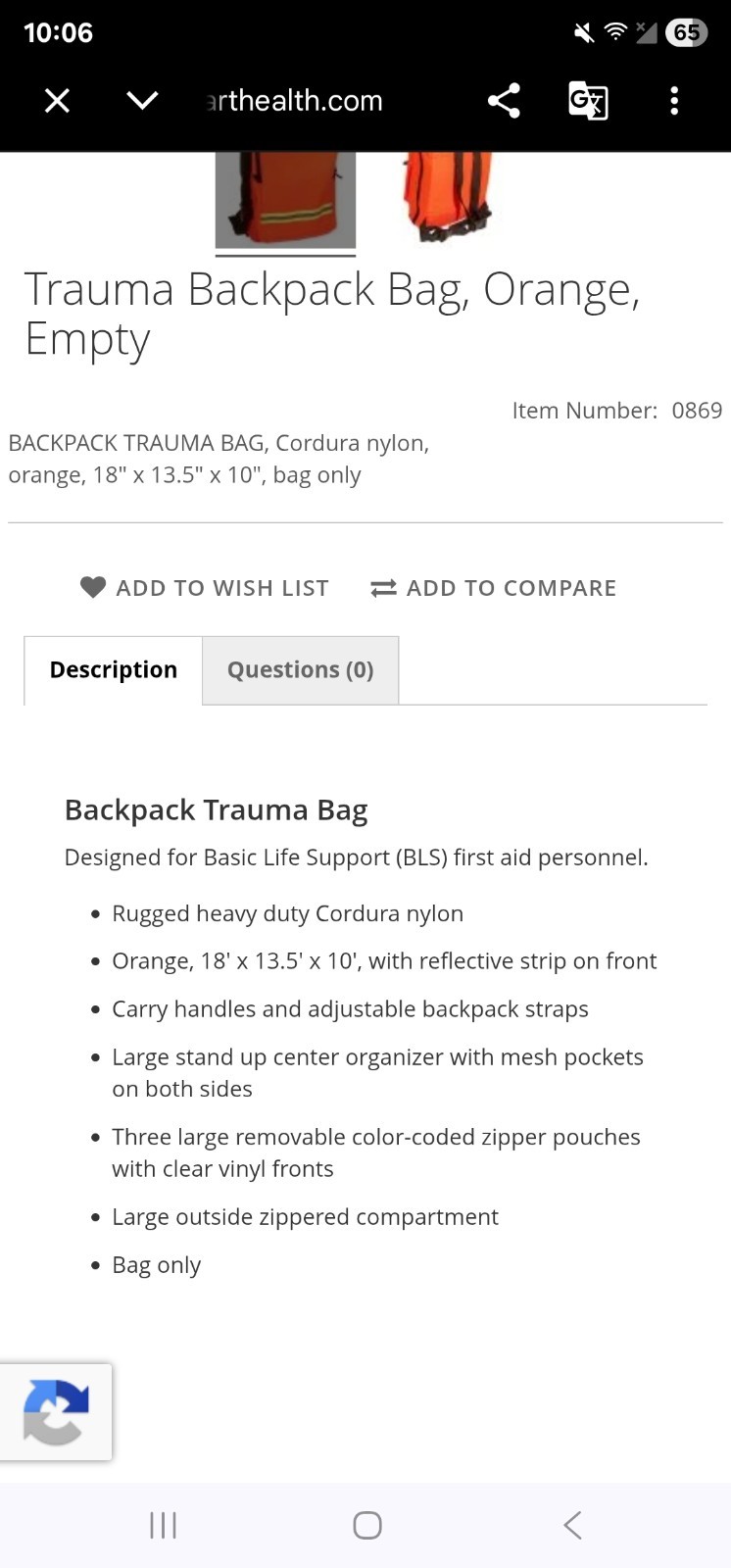 Trauma Backpack Bag, Orange, Empty Medical Bag Empty First Responder EMT W3
