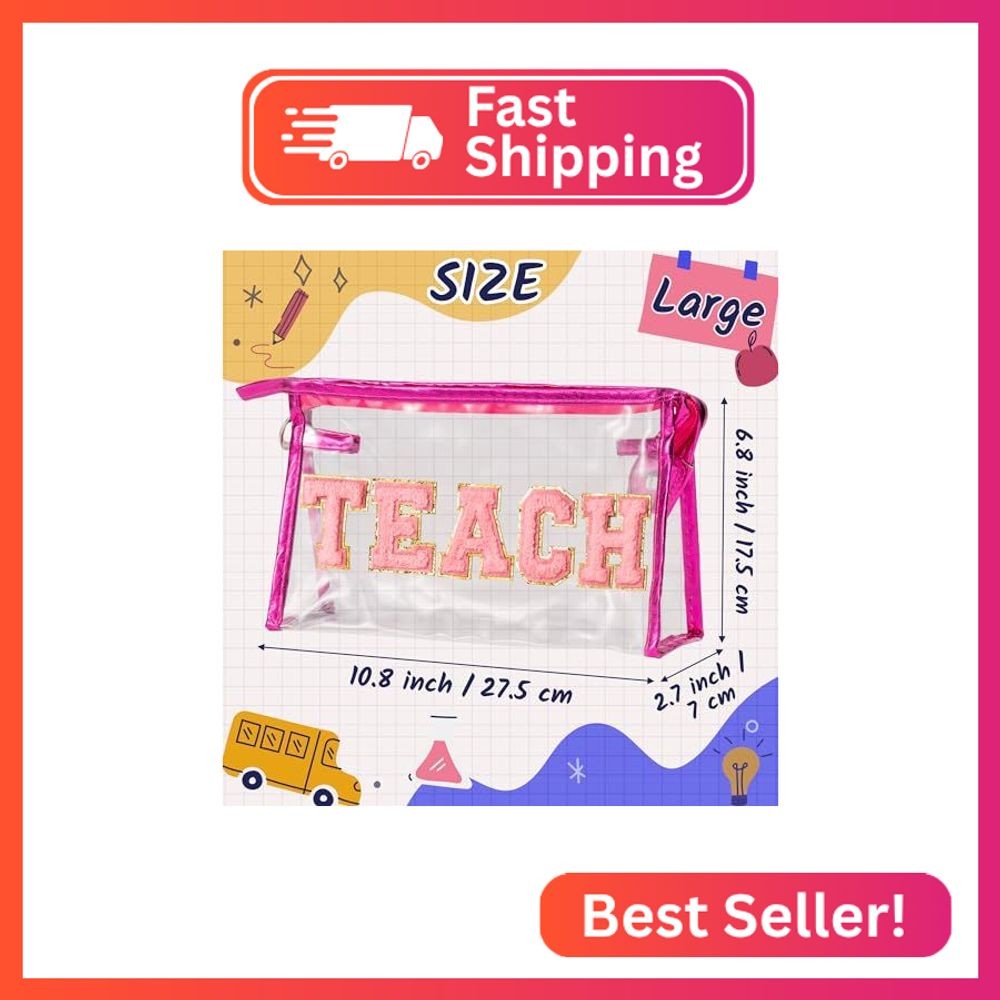 CY2SIDE TEACH Clear Makeup Bag – Pink TEACH Letter Patch Cosmetic Bag with Handl
