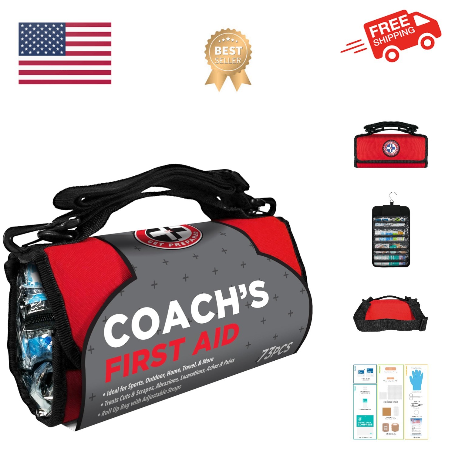 73-Piece Coach’s and Team Sports First Aid Kit in Roll up Bag: Clean, Treat, …