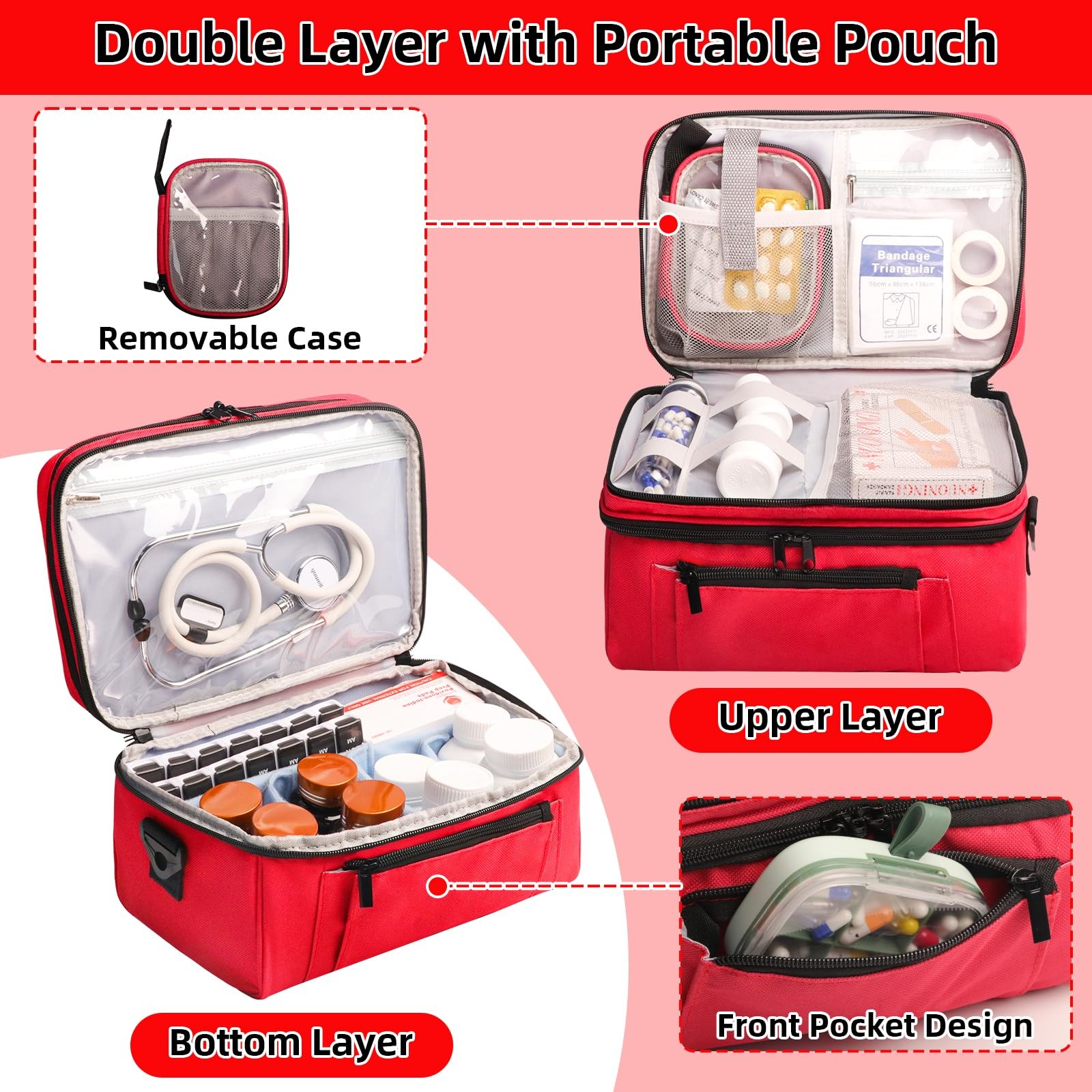Medicine Bag for Traveling with Portable Small Pouch, Double Layer Bottle Org…