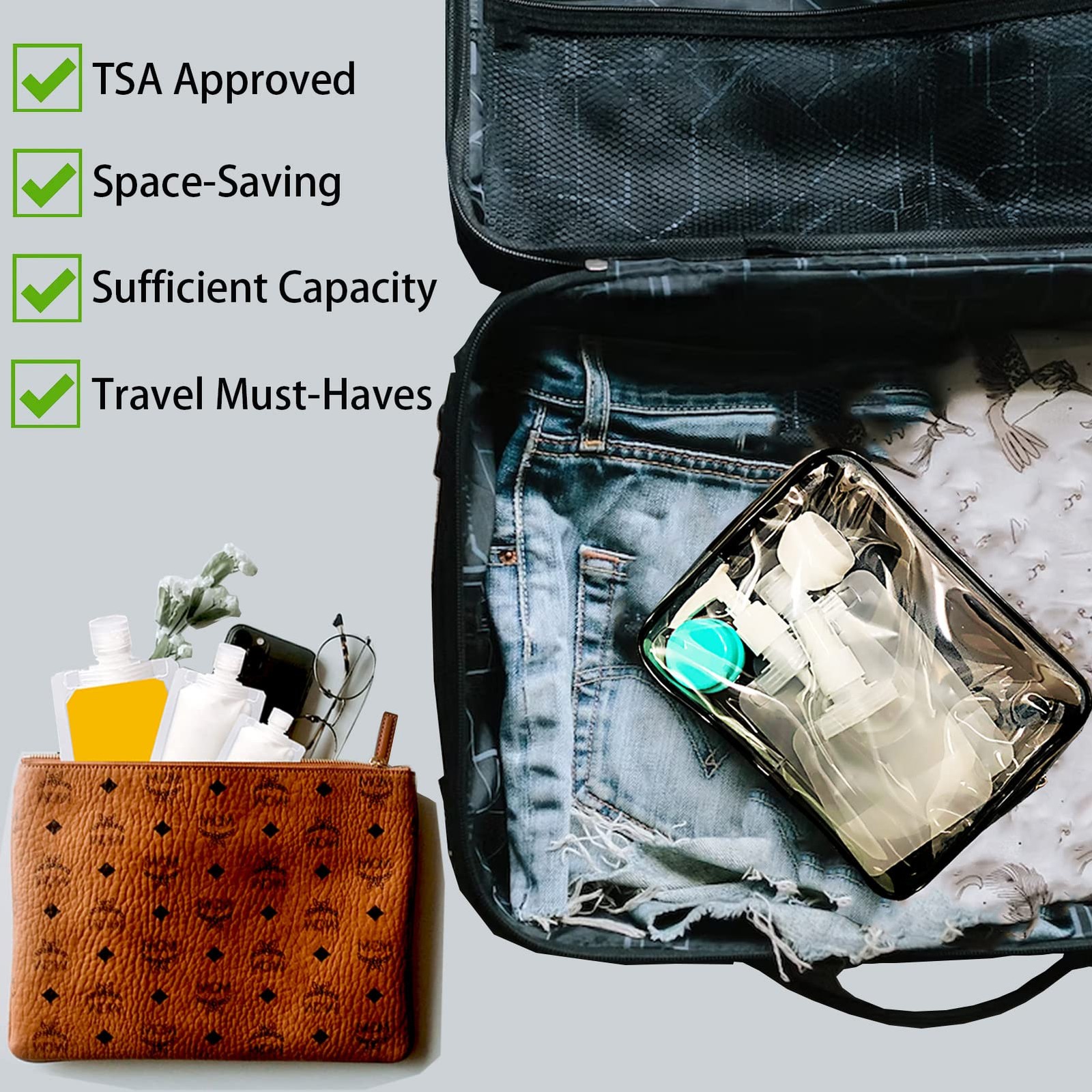 29 PCS Travel Size Refillable Empty Squeeze Pouch TSA Approved 29Pcs, Clear