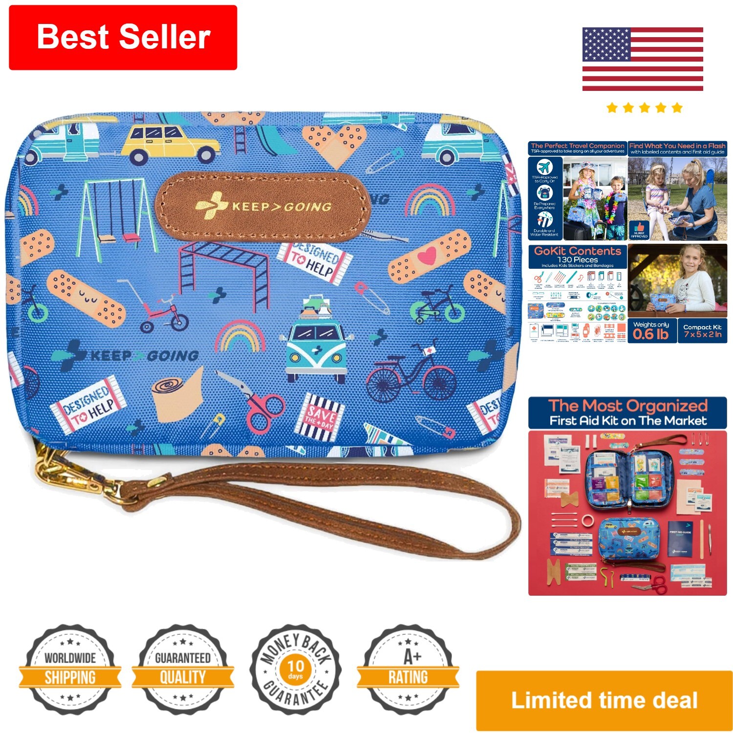 130 Pc. Kids First Aid Kit – Compact & Portable for Travel – Latex-Free Bandages