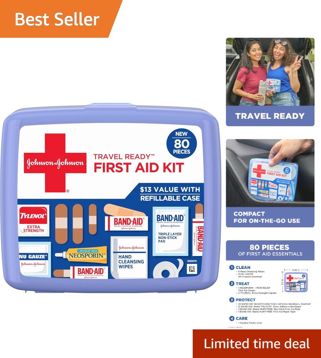 Band-Aid Travel Ready Portable Emergency First Aid Kit for Minor Wound Care with