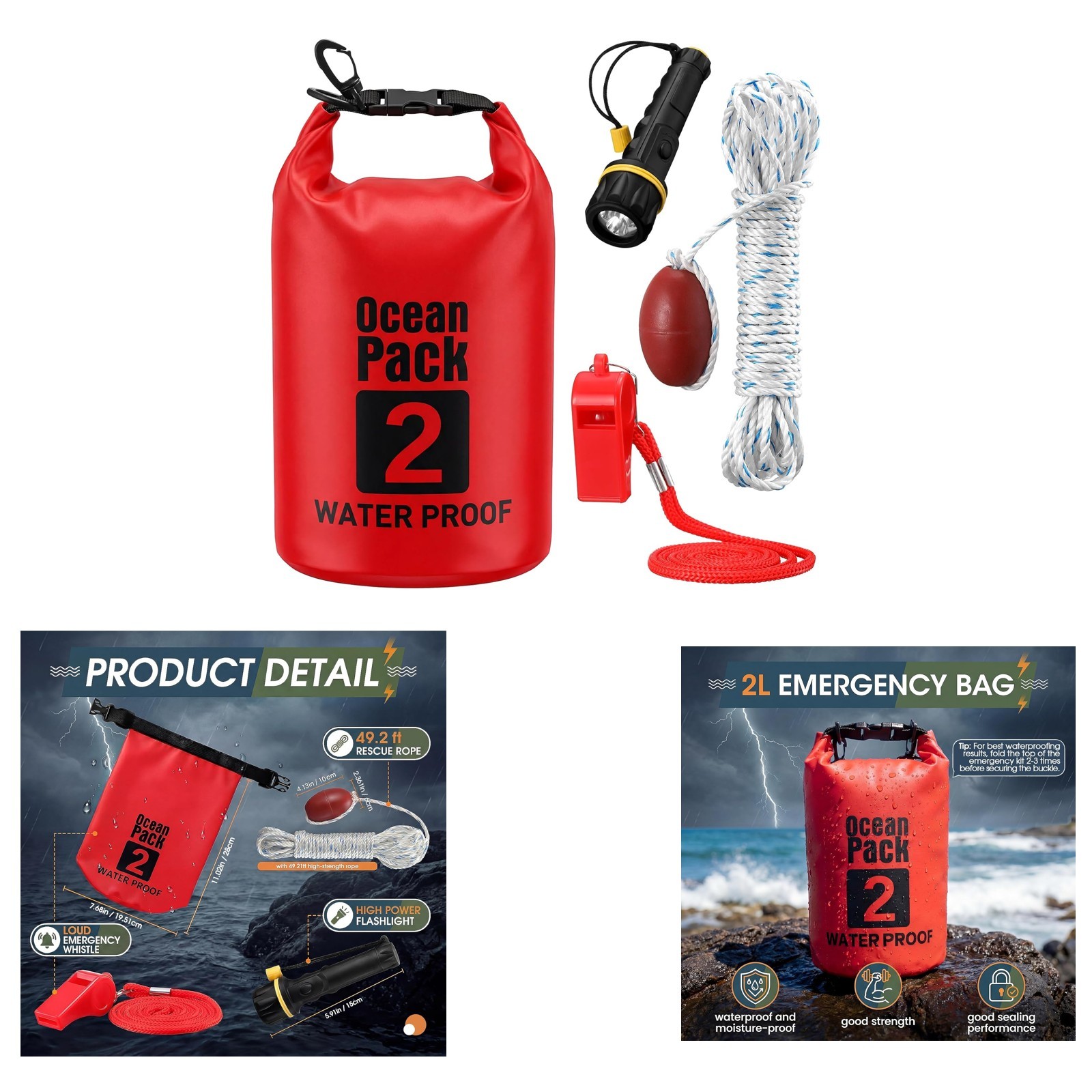 Boat Safety Kit Waterproof Dry Bag LED Flashlight Survival Whistle Float Line