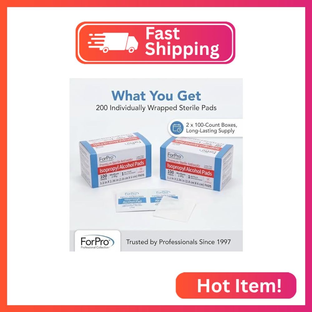 ForPro Alcohol Prep Pads, 200-Count Sterile Alcohol Wipes Individually Wrapped,