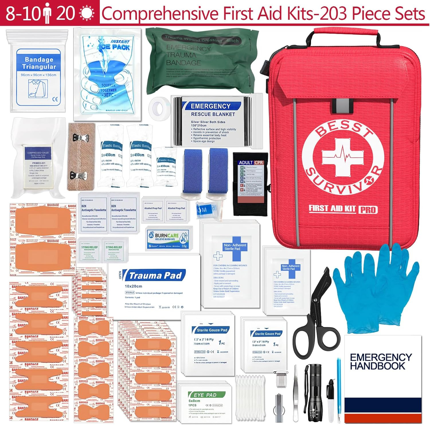 Besst Survivor Comprehensive First Aid Kit -Labeled Compartments for Trauma & Em
