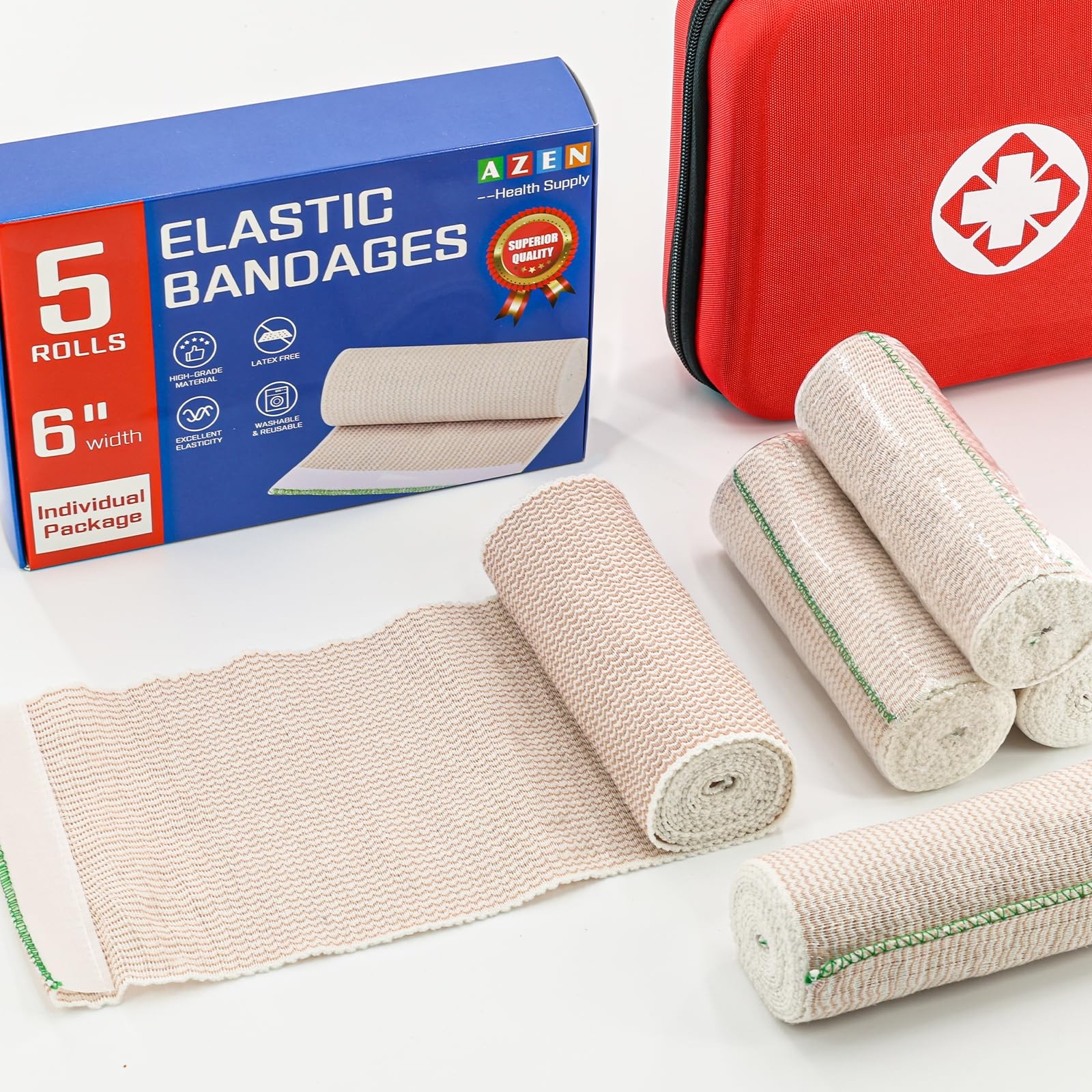AZEN Premium 5 Pack Elastic Bandage Wrap 6 Inch, 6 A-5p(6in)