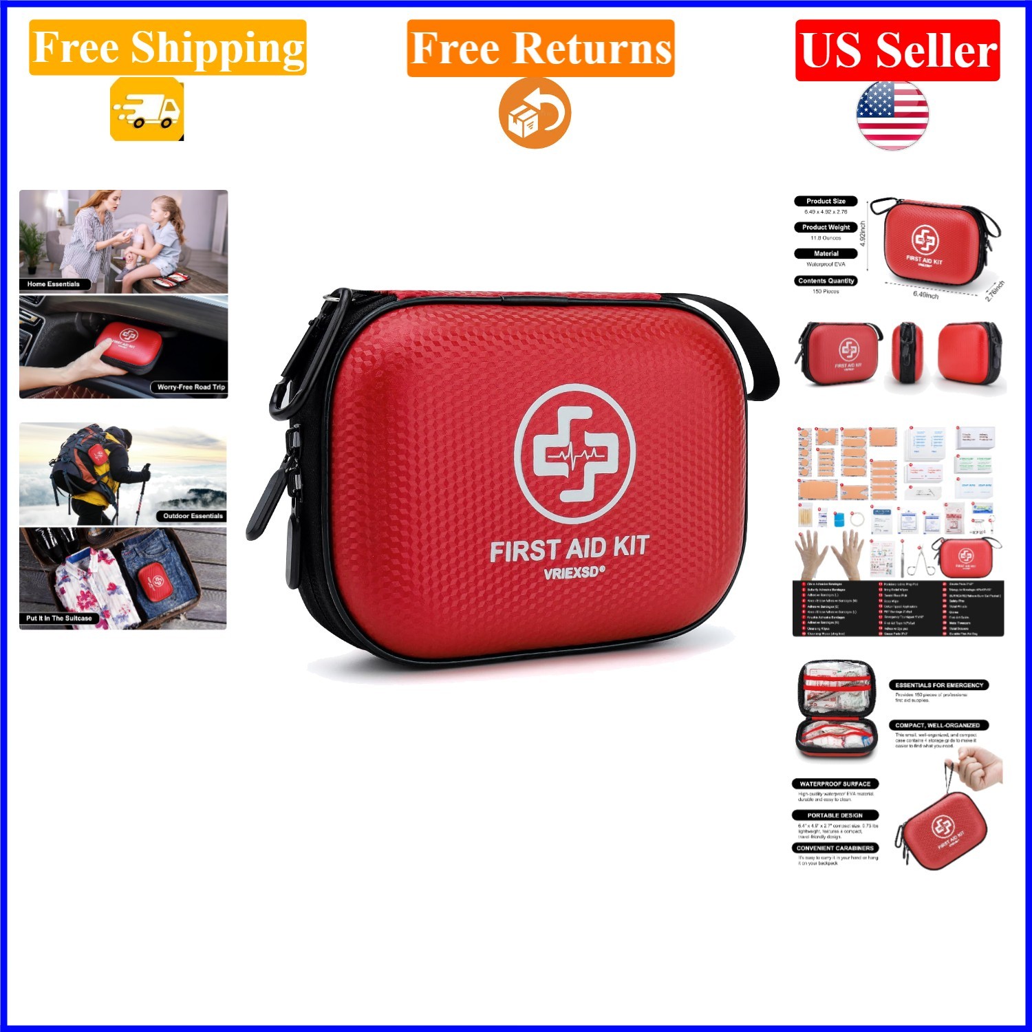 Mini 150-Piece Waterproof First Aid Kit, Red, Compact and Portable