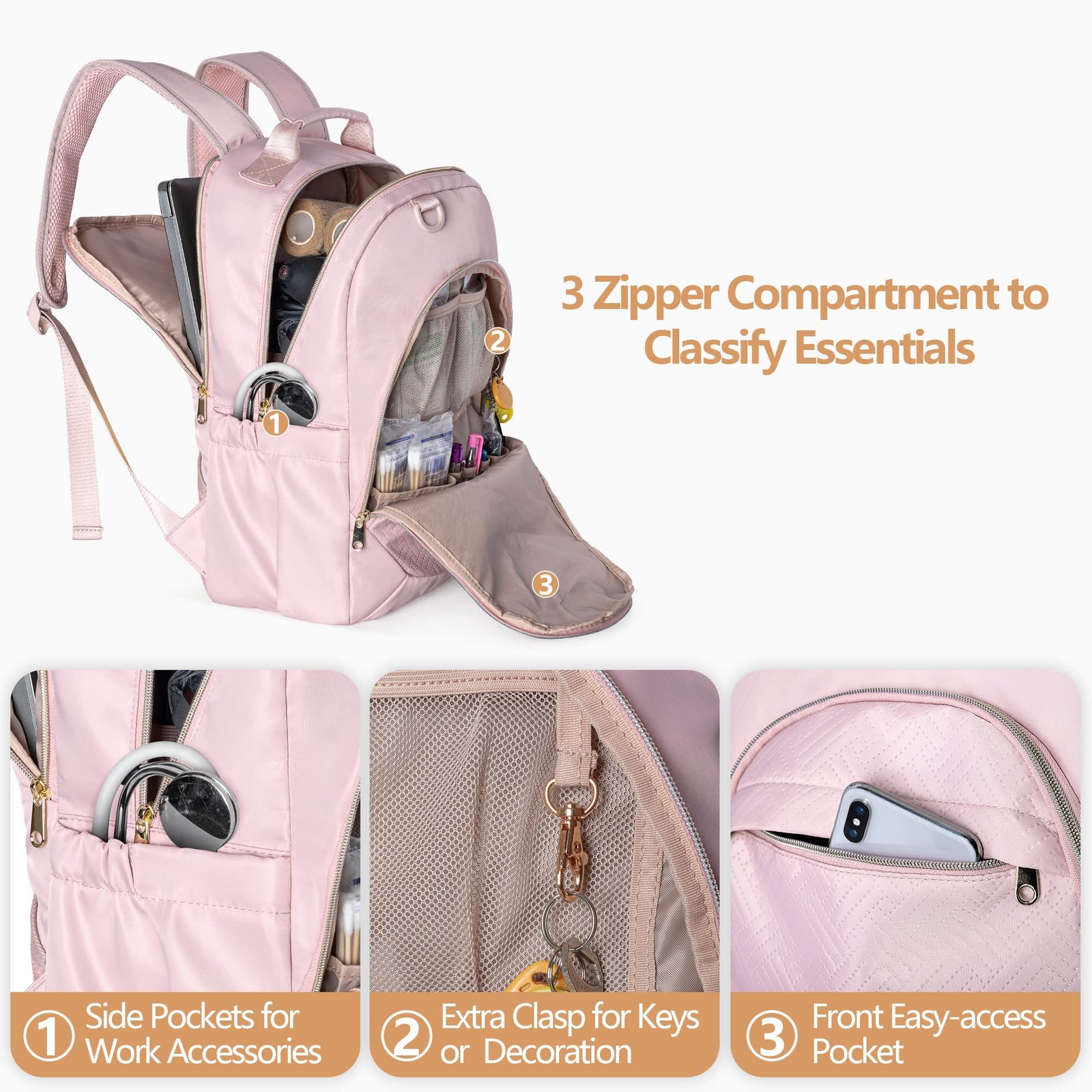 Fasrom Nurse Bag Backpack for Work Women with USB Charging Hole, Medium, Pink
