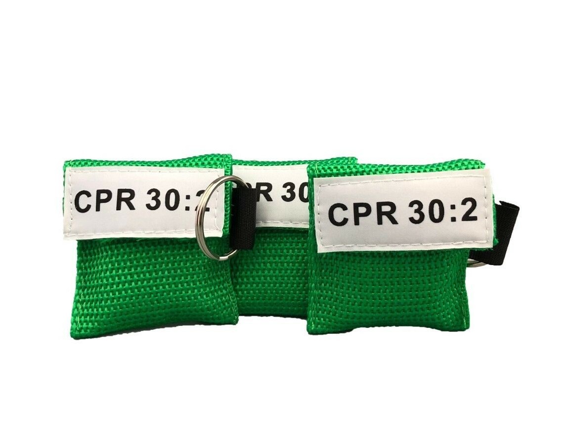 3 Green CPR Face Shield Mask in Pocket Keychain imprinted CPR 30:2